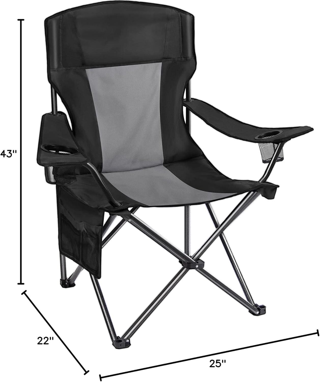 Camping Folding Chair Padded Quad Arm Chair with Large Cup Holders, Side Organizer & Back Pocket for Outdoor, Camp, Indoor, Patio, Fishing, Supports 350lbs , Black and Gray