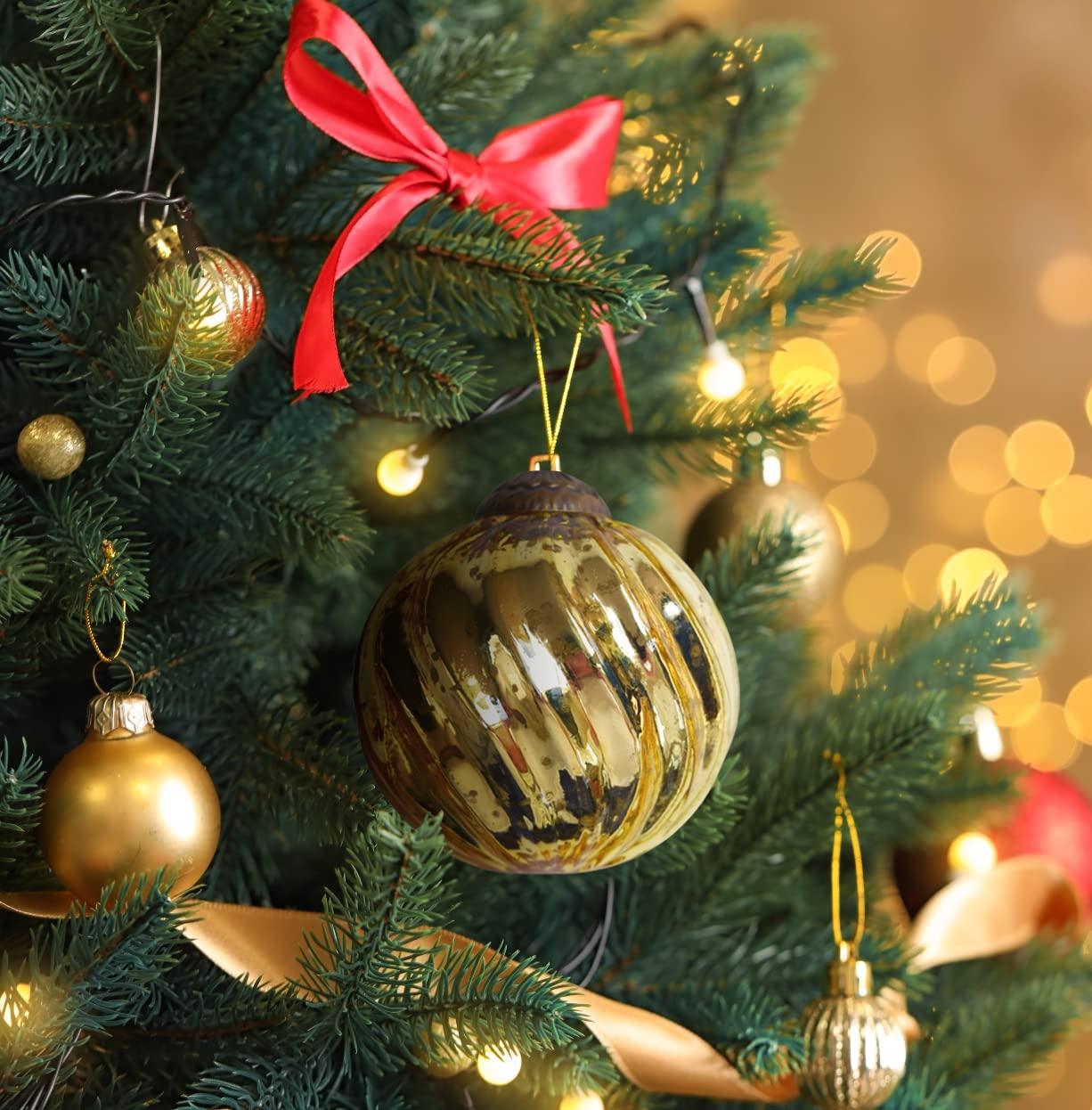 Set of 4 Gold Mercury Glass Ornaments (3.15" Classic Twist Ball) Perfect for Christmas Tree, Hanging Holiday Decoration, Gifts & Home Decor