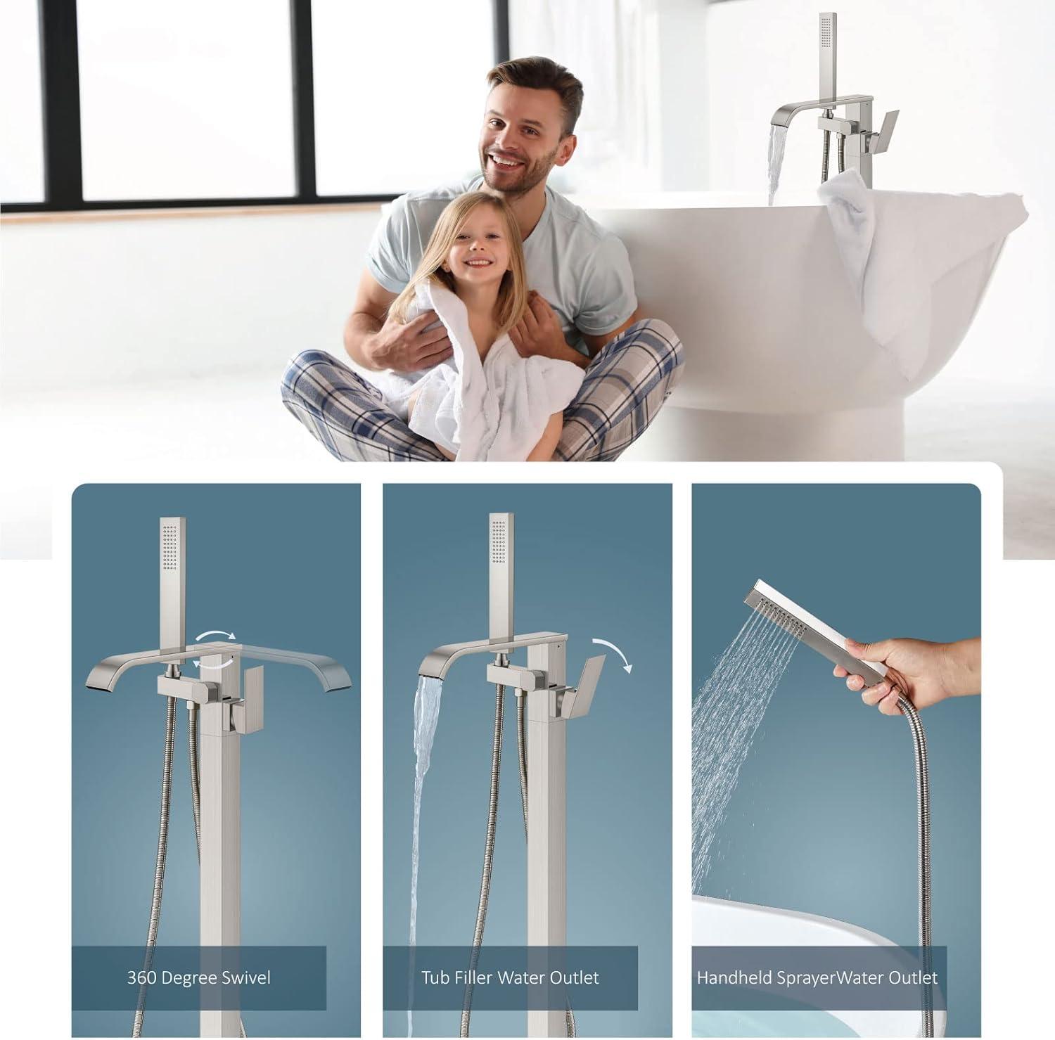 Waterfall Tub Filler Freestanding Bathtub Faucet Floor Mount Brass Single Handle Bathroom Faucets with Hand Shower