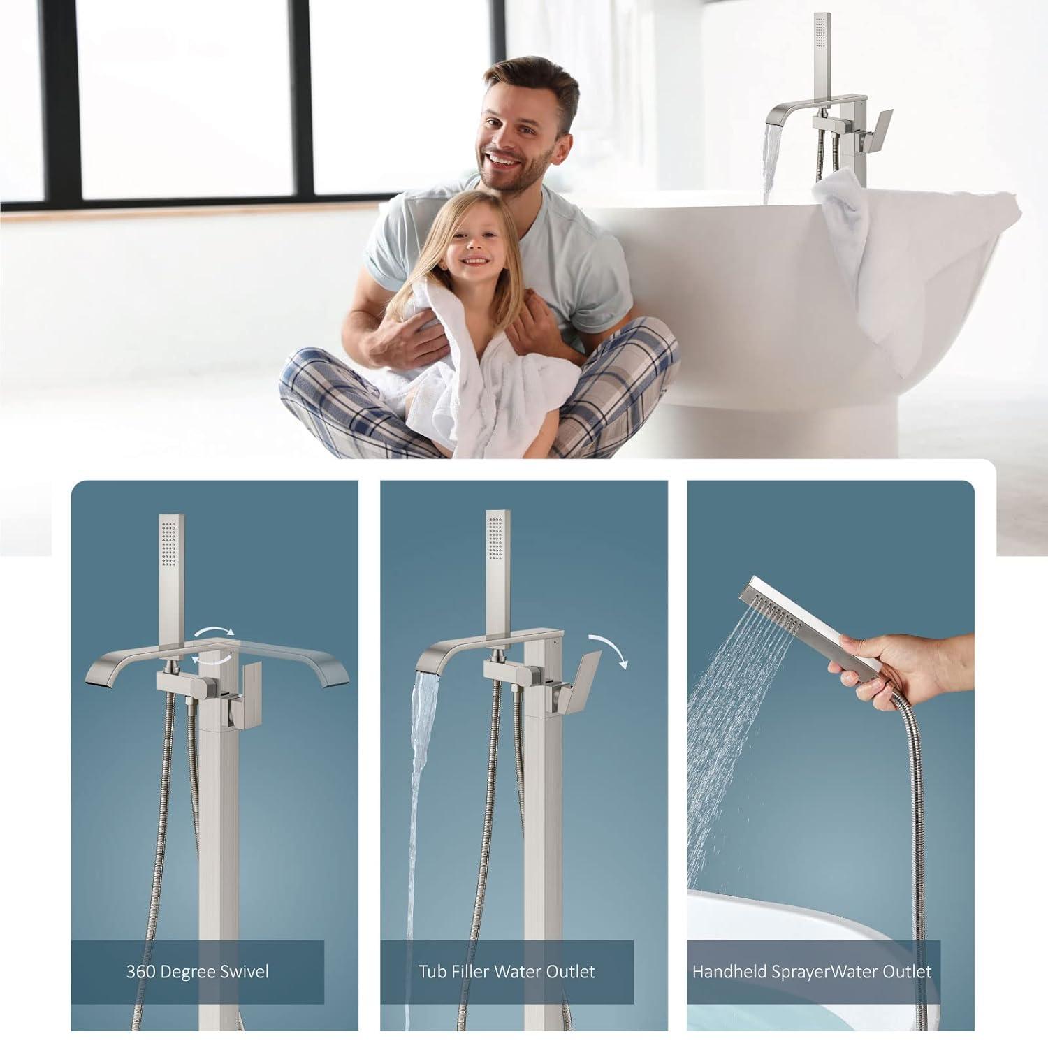 AlenArtWater Waterfall Tub Filler Freestanding Bathtub Faucet Floor Mount Brass Single Handle Bathroom Faucets with Hand Shower 93-LJQKCZ