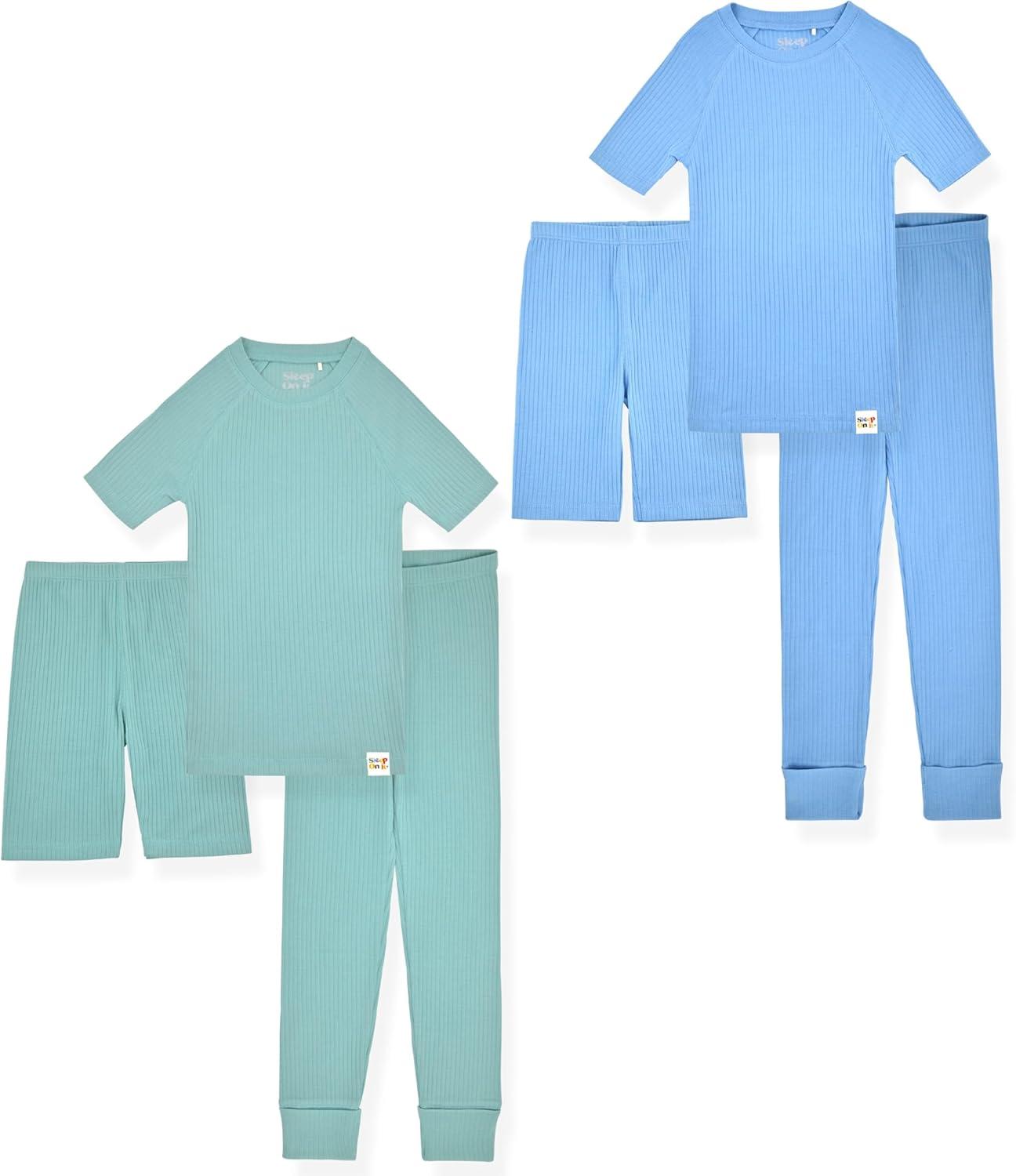 Sleep On It 100% Organic Cotton Rib Knit Snug-Fit 6-Piece Pajama Sets for Boys & Girls, Green & Light Blue Size 5