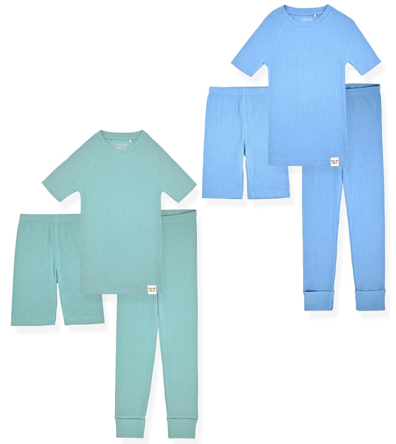 Sleep On It 100% Organic Cotton Rib Knit Snug-Fit 6-Piece Pajama Sets for Boys & Girls, Green & Light Blue Size 5