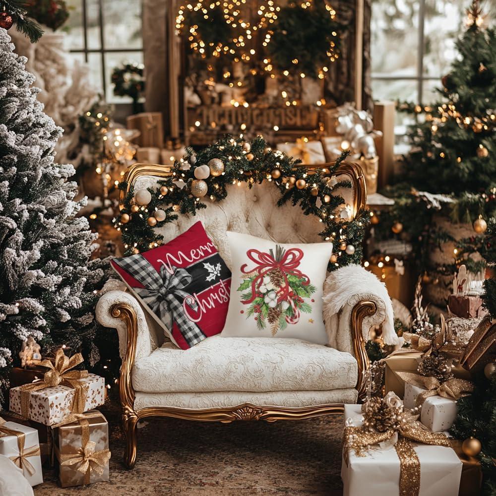 BEAUTY Merry Christmas Throw Pillow Covers 18 x 18 Inch Set of 4  Red Barn Merry & Bright Xmas Farmhouse Holiday Pillowcases for Home Outdoor Decoration CP053-18