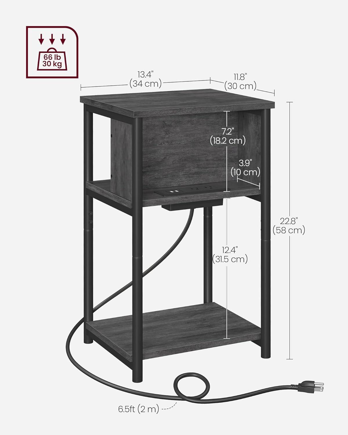 Misty Gray and Black 3-Tier Side Table with Charging Station