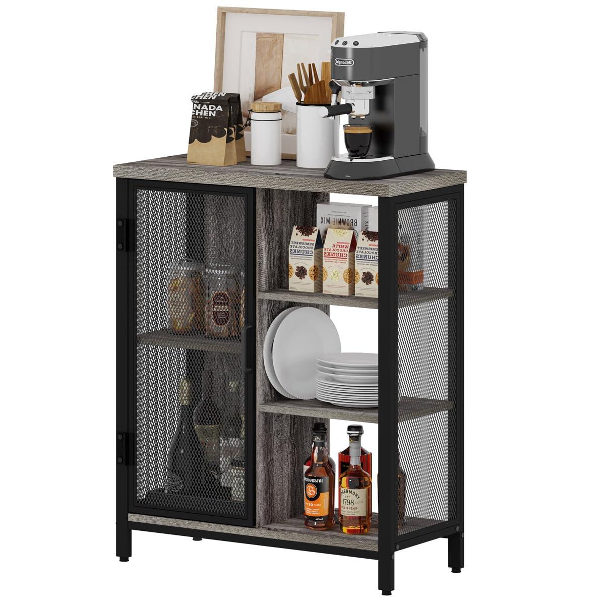 BON AUGURE Liquor Cabinet Bar for Home, Farmhouse Coffee Storage Cabinet for Kitchen, Small Wood Sideboard Buffet Station Cabinets with Door (Dark Grey Oak, 36")