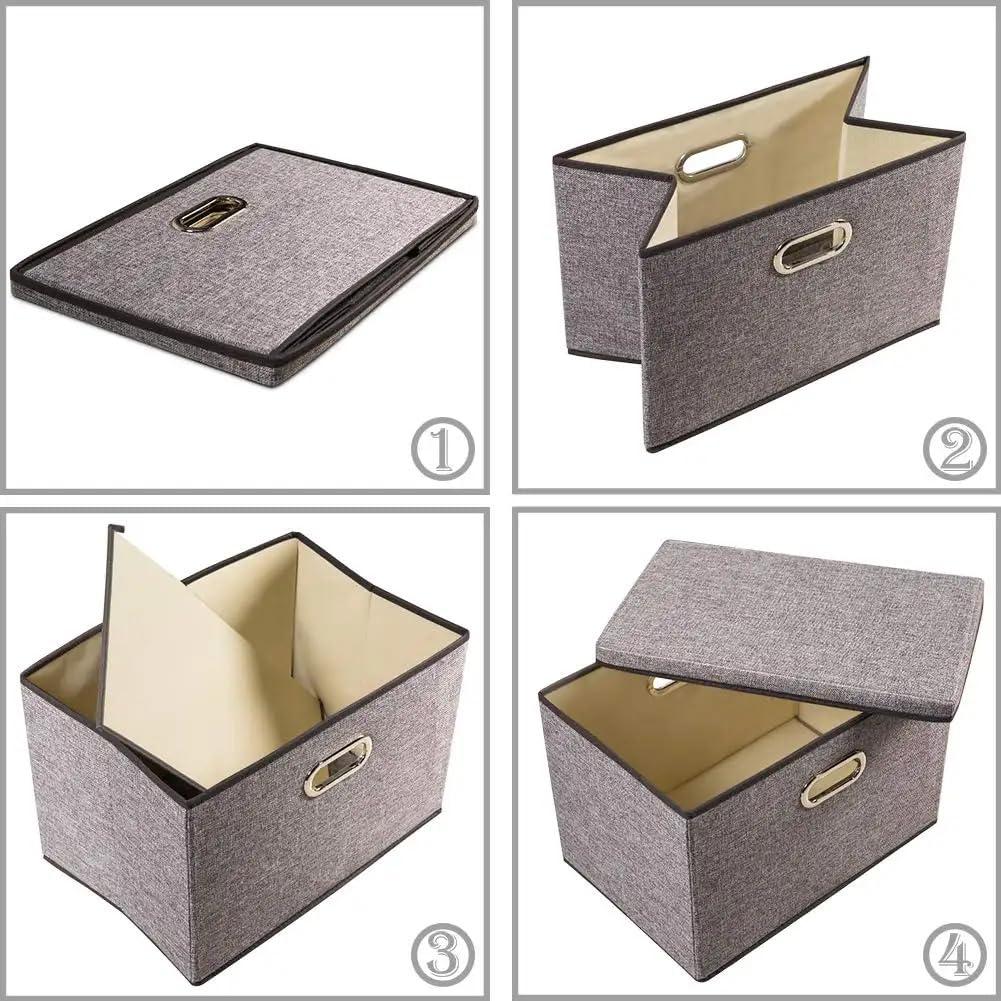 3 Pack Collapsible storage bins with lid. Foldable Storage bins for shelves, closet, office bedroom, or nursery. Containers made with linen fabric and stainless steel handles for organizing.