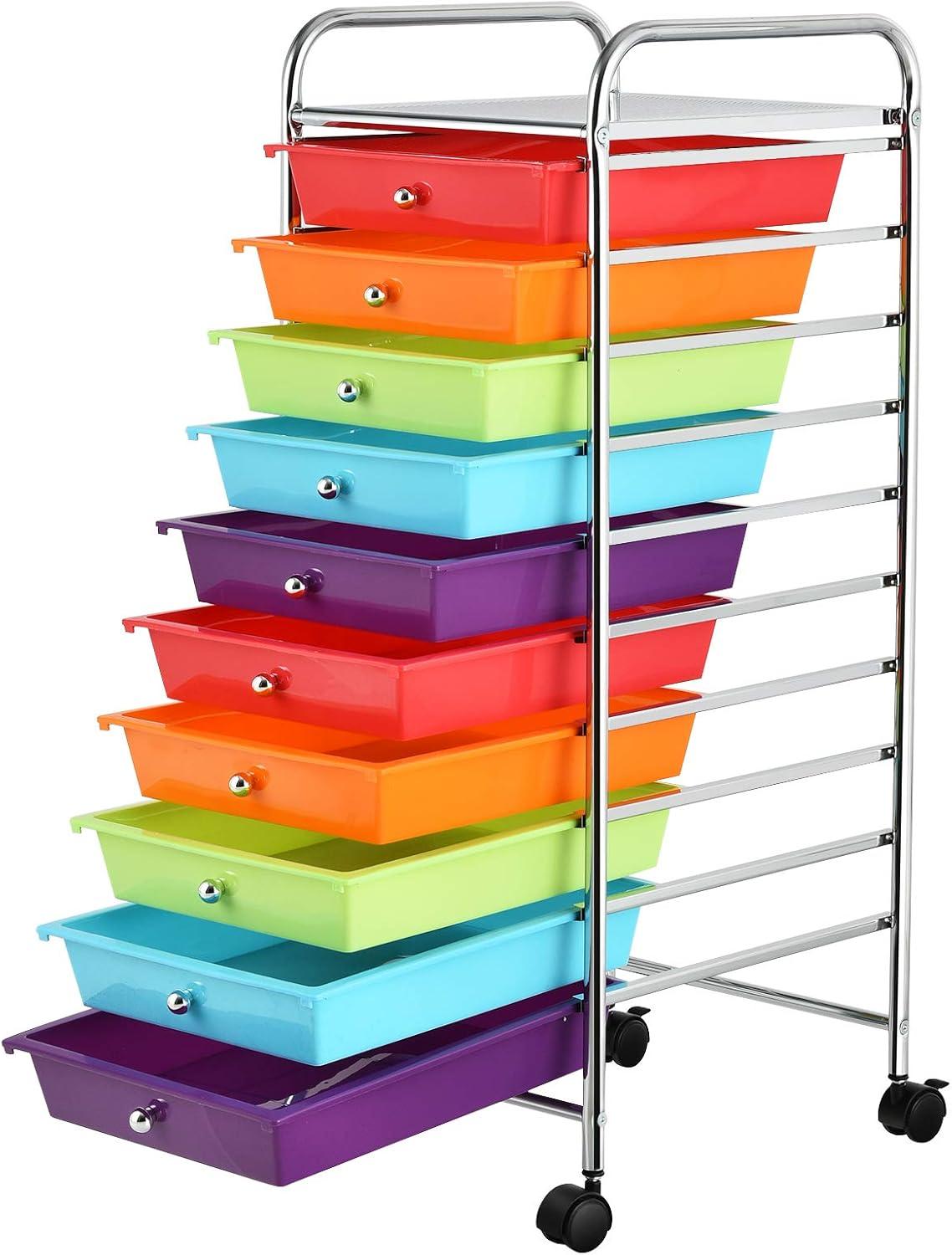 10 Drawer Rolling Storage Cart Plastic Utility Craft Cart with Drawer and Wheels MultiColor