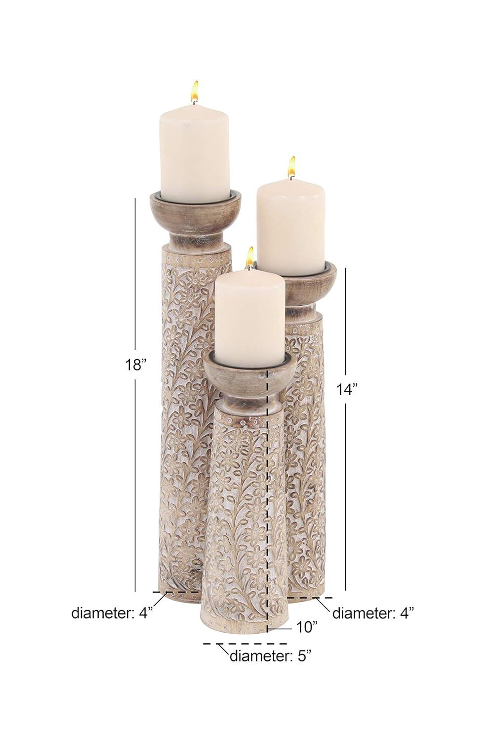 Gracie Oaks Mango Wood Floral Handmade Decorative Candle Holder Carved Pillar Candle Stand With Cream Accents, Set Of 3 Candlestick Holder 6", 8", 10"H, Brown