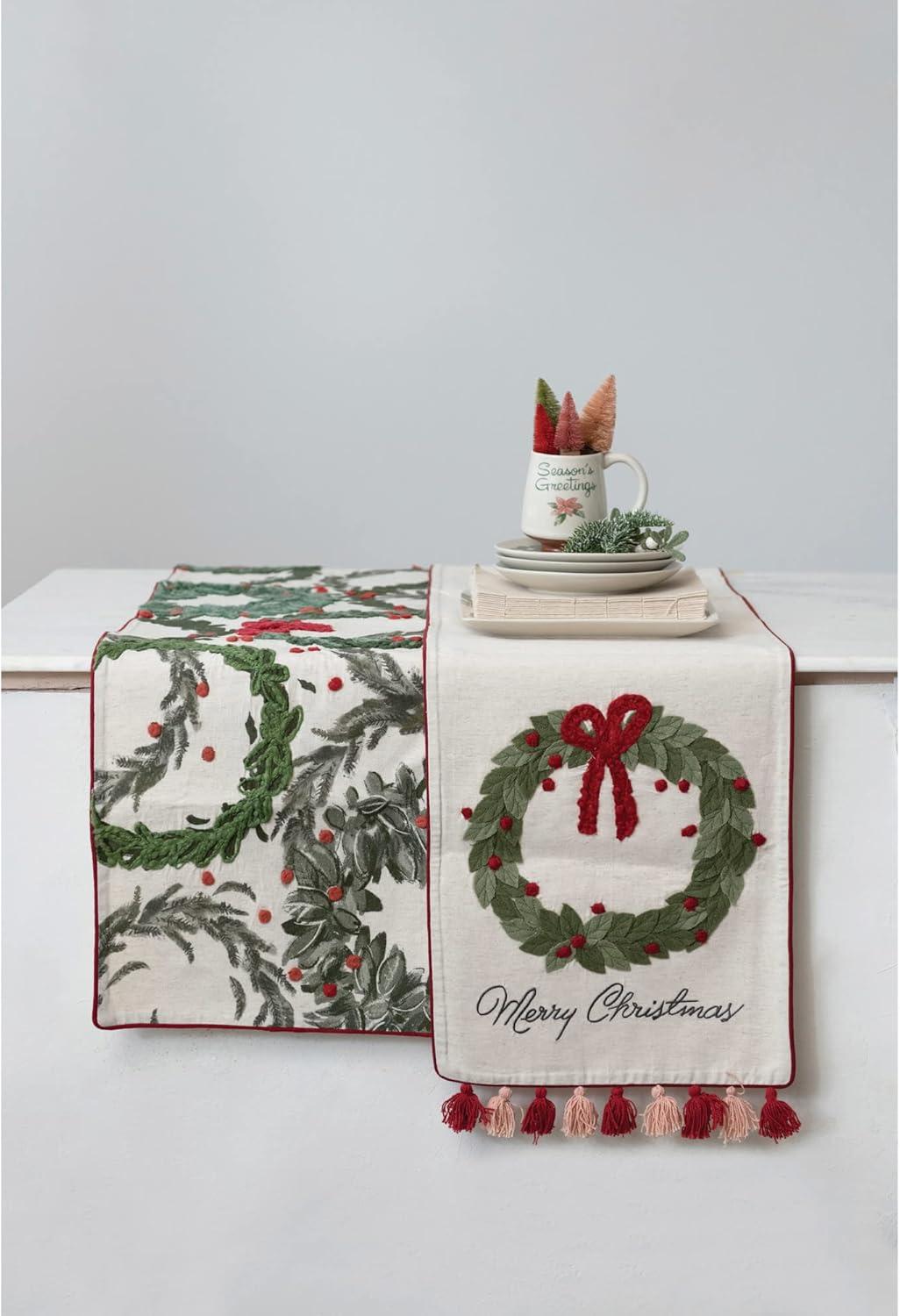 Festive Cotton Merry Christmas Table Runner with Embroidered Wreaths