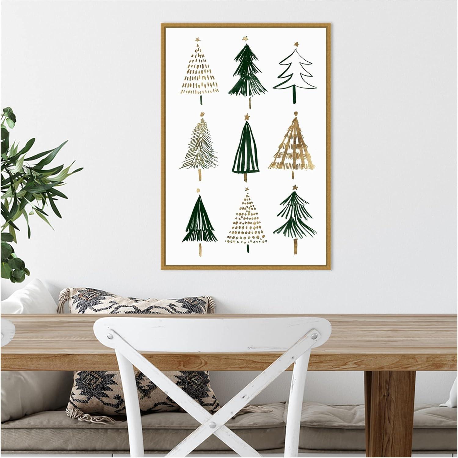 Evergreen Trees Gold and Green Canvas Print with Gold Frame