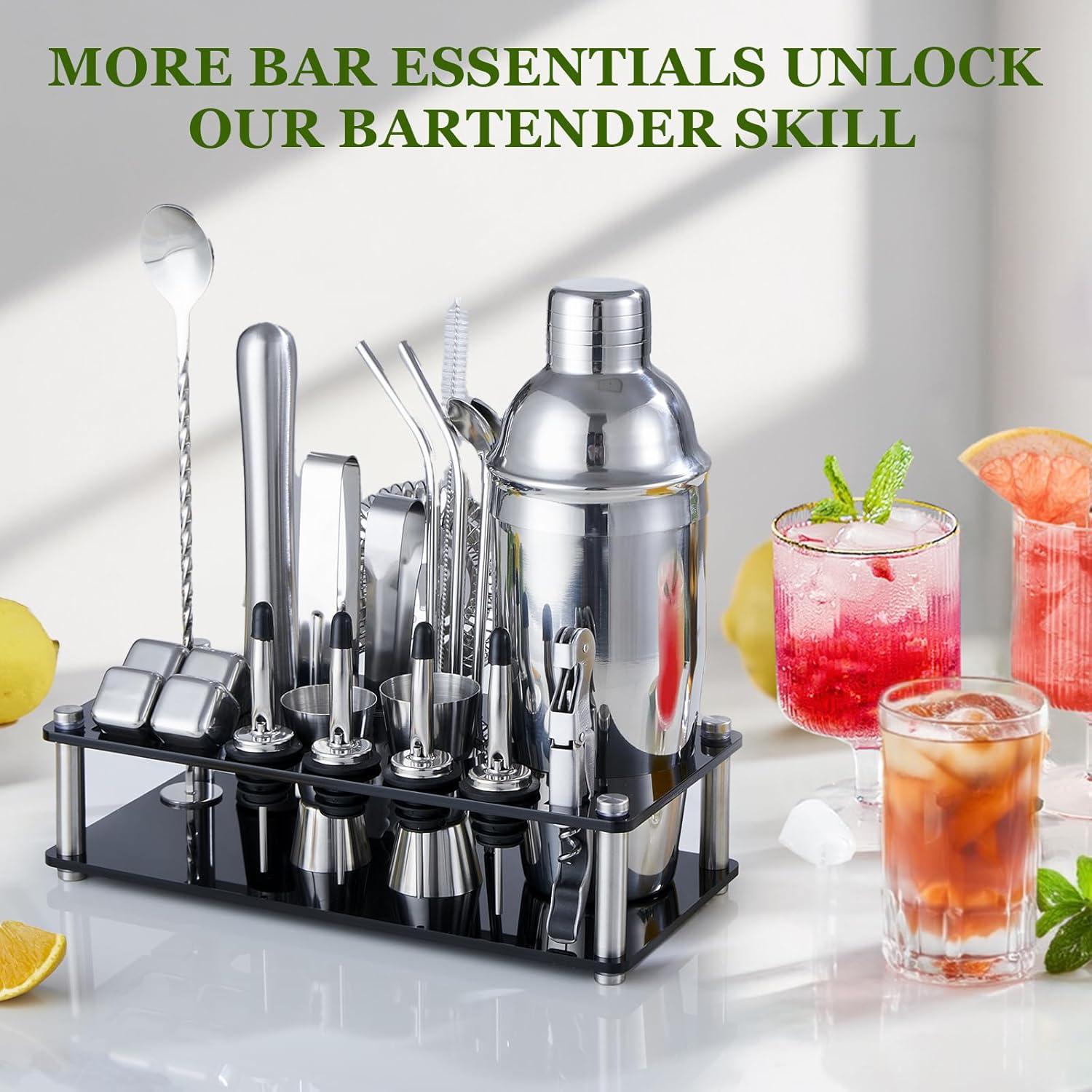 JMDLWZ Cocktail Shaker Set, 23 Pieces 750ml Professional Stainless Steel Cocktail Shaker with Boston Shaker, Strainer, Measuring Cup, Mixing Spoon, Recipes, Great Gift Kit