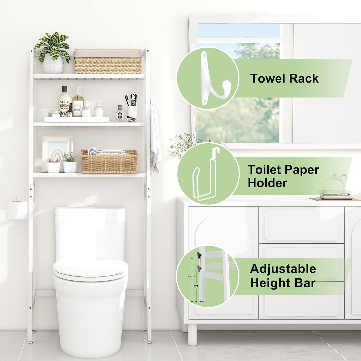 Over The Toilet Storage, Wooden 3-Tier Over-The-Toilet Rack Bathroom Space Saver Organizer, Freestanding Above Toilet Stand with Toilet Paper Holder and Towel Hook(White)