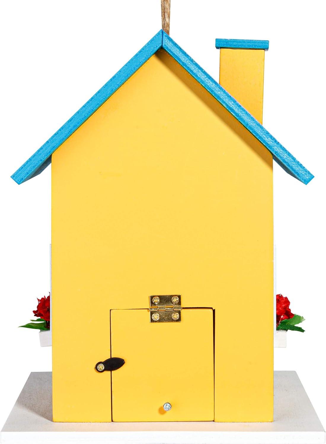 Colorful Wooden Birdhouse with Blue Roof and Yellow Walls