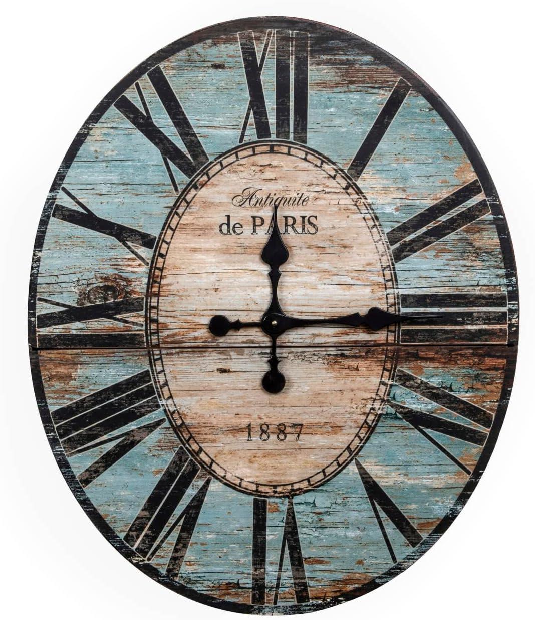 Oversized Turquoise Distressed Wood Oval Wall Clock