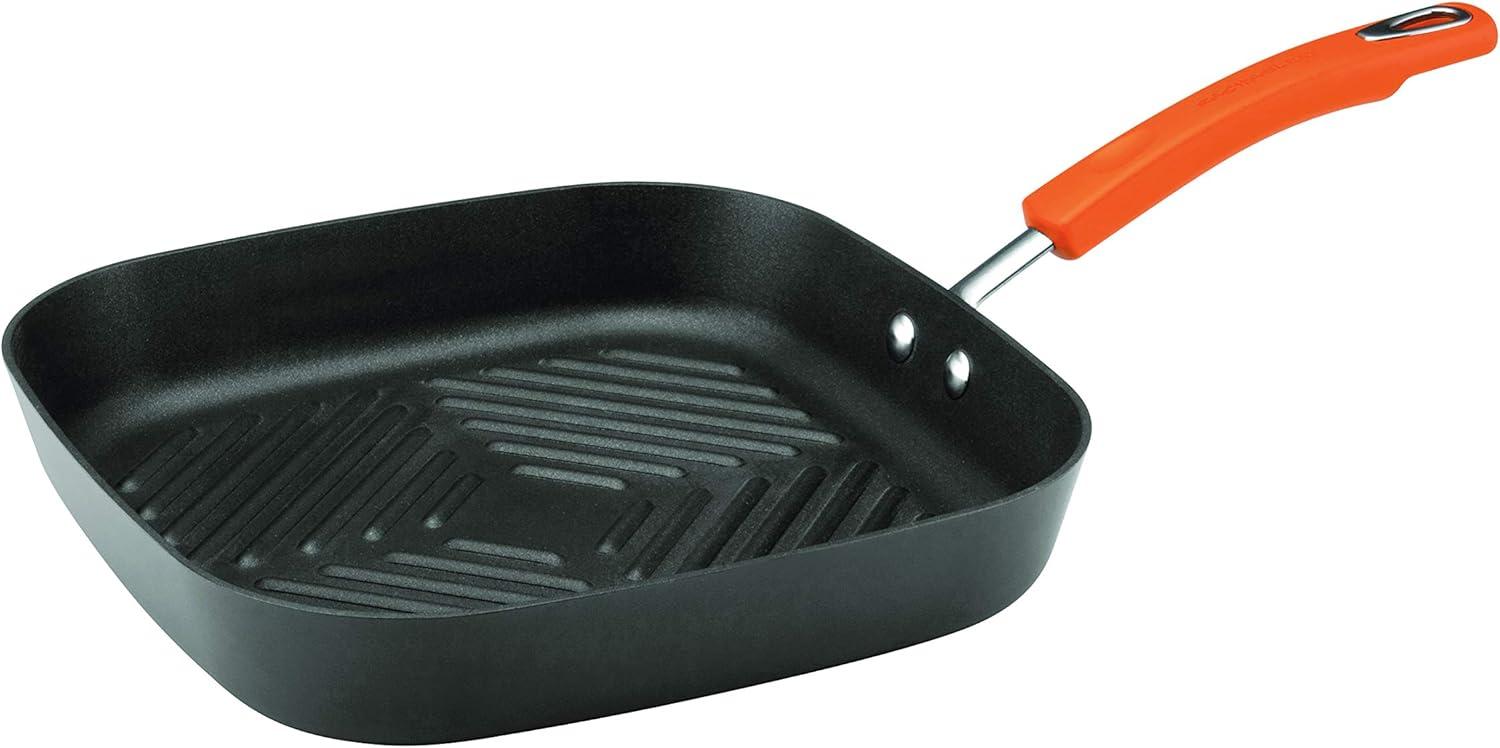 Rachael Ray 11-Inch Hard-Anodized Nonstick Deep Square Grill Pan, Gray with Orange Handle