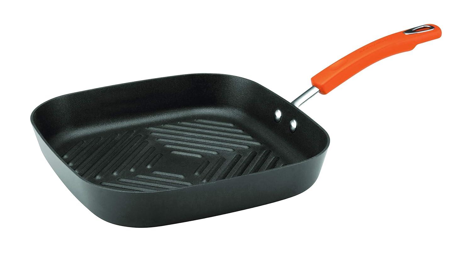 Rachael Ray 11-Inch Hard-Anodized Nonstick Deep Square Grill Pan, Gray with Orange Handle