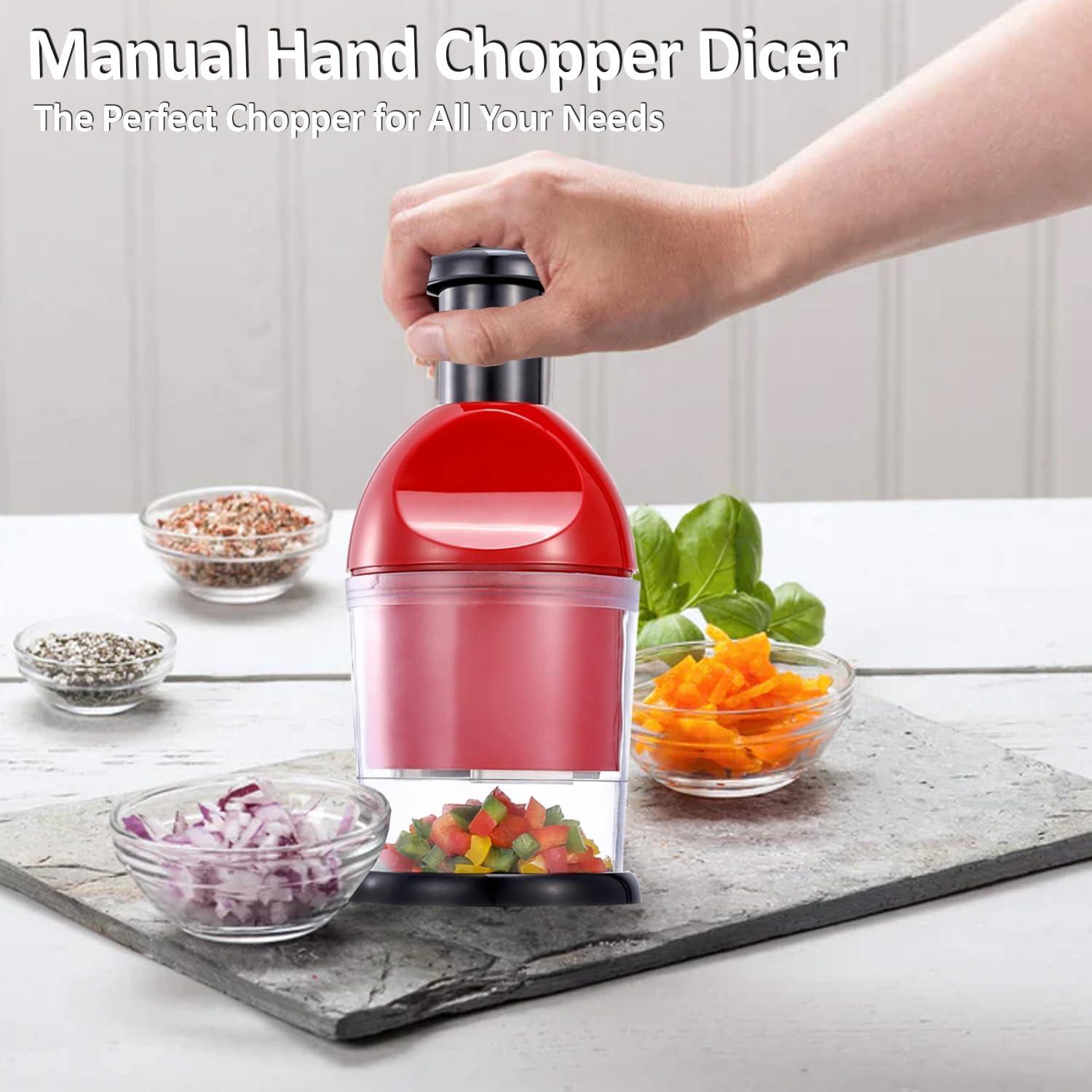 Food Chopper, Hand Chopper Dicer Easy to Clean, Manual Slap Vegetable Chopper Onion Cutter, Garlic Chopper Mincer for Onion, Nut, Tomato, Pepper, Celery, etc, Red