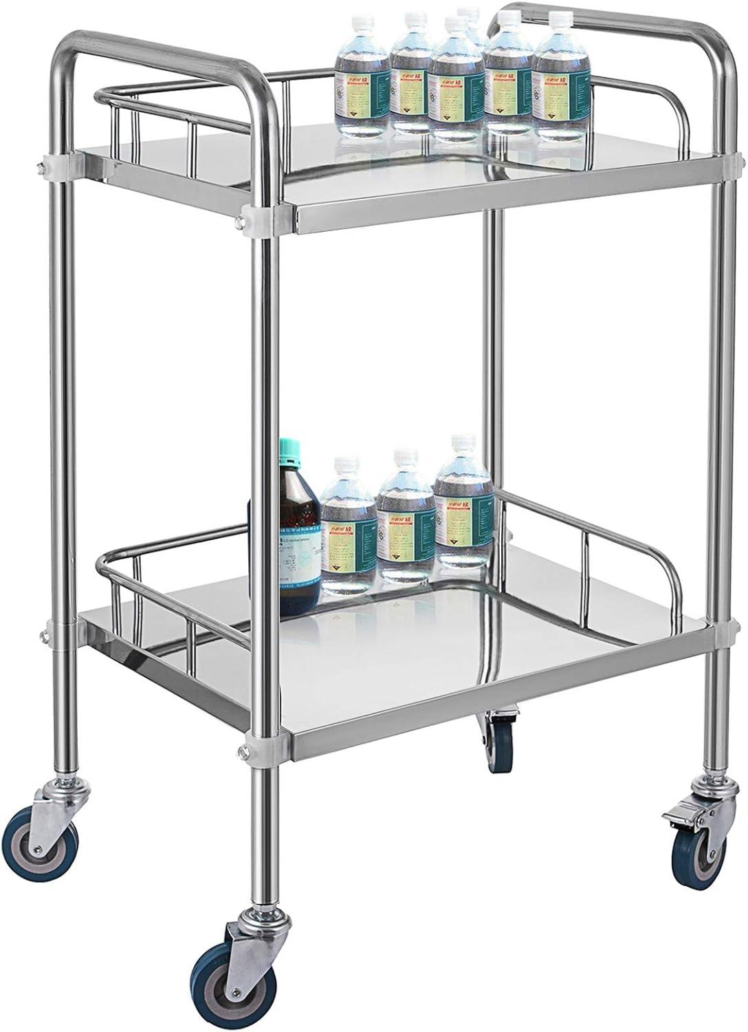 VEVOR Lab Rolling Cart, 2-Shelf Stainless Steel Rolling Cart, Lab Serving Cart with Swivel Casters, Dental Utility Cart for Clinic, Lab, Hospital, Salon, 15.16"x21.57"x34.06"