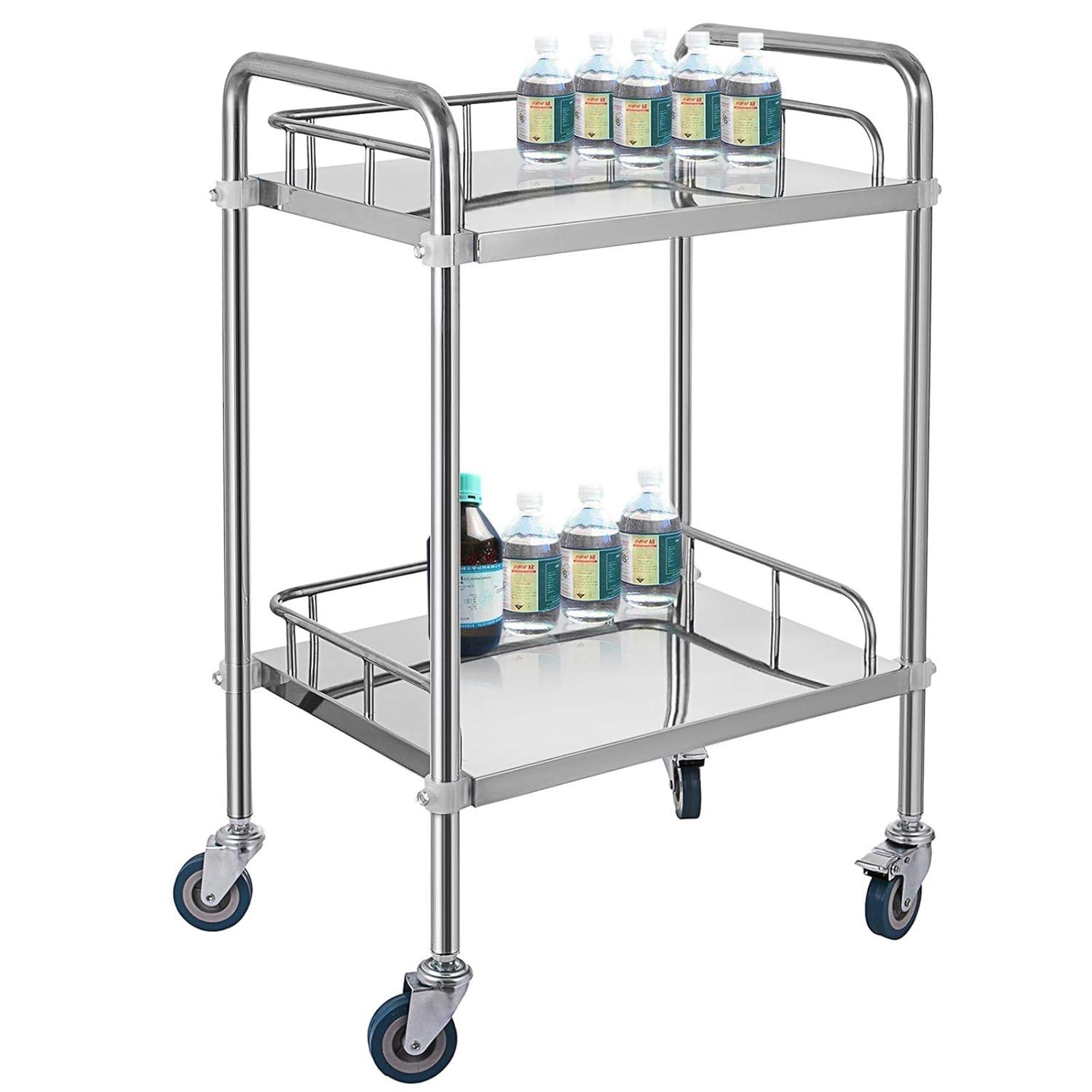 VEVOR Lab Rolling Cart, 2-Shelf Stainless Steel Rolling Cart, Lab Serving Cart with Swivel Casters, Dental Utility Cart for Clinic, Lab, Hospital, Salon, 15.16"x21.57"x34.06"