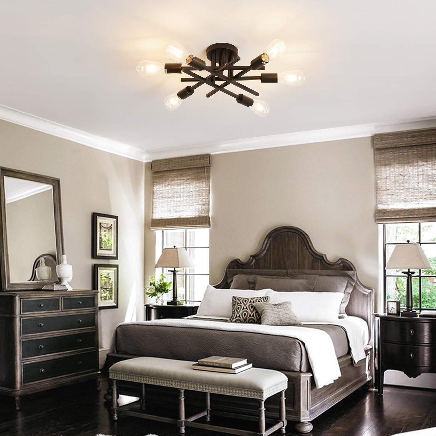 Semi Flush Mount Modern Ceiling Light Fixture， 6 Lights Black Vintage Matte Sputnik Chandelier Ceiling Lamp with E26 Bulb Base [Bulbs Not Included]