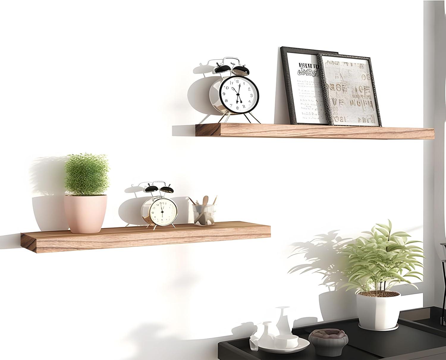 Set of 6 Light Brown Wooden Floating Wall Shelves