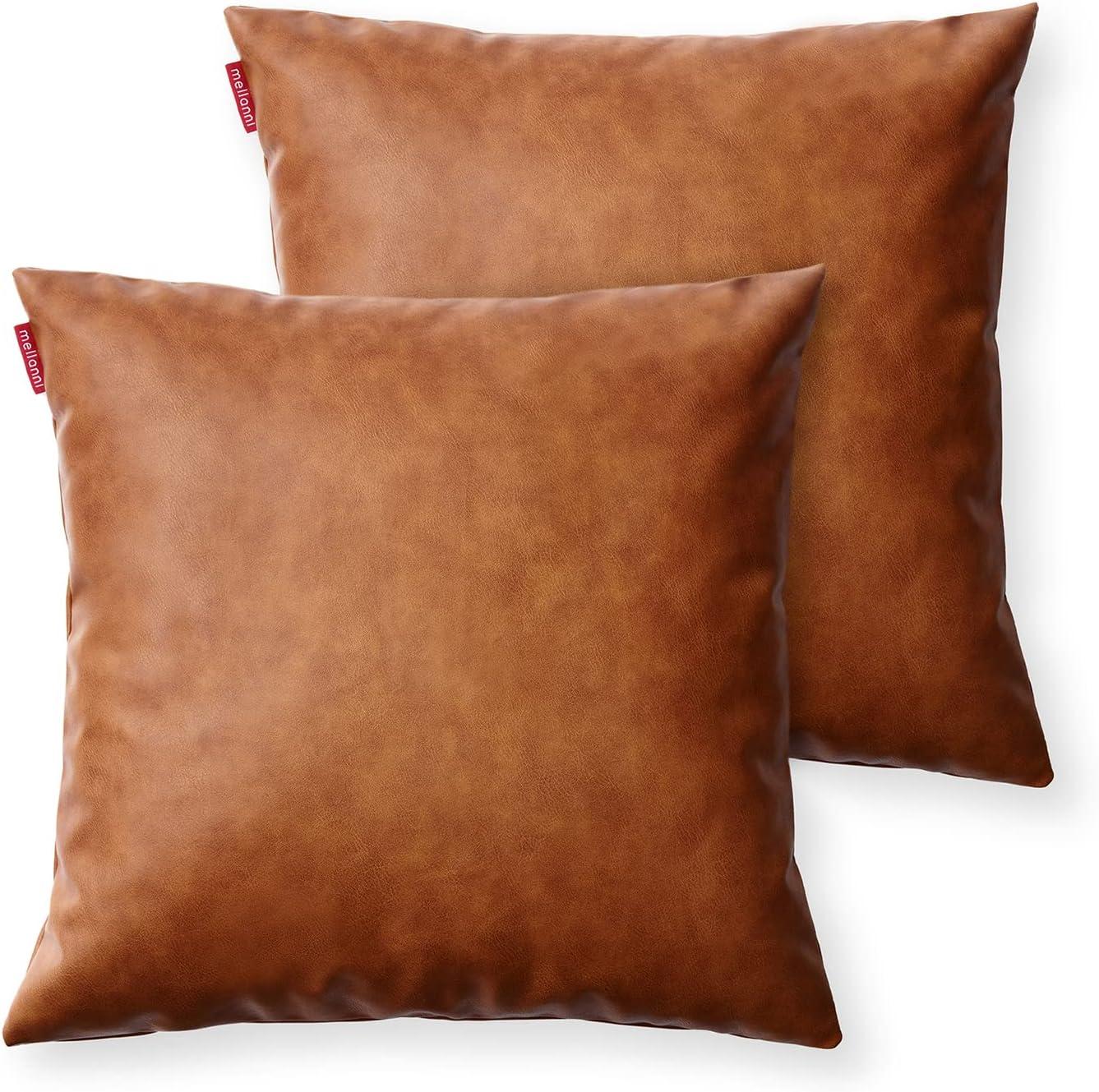 Brown Faux Leather 18x18 Throw Pillow Covers with Zipper