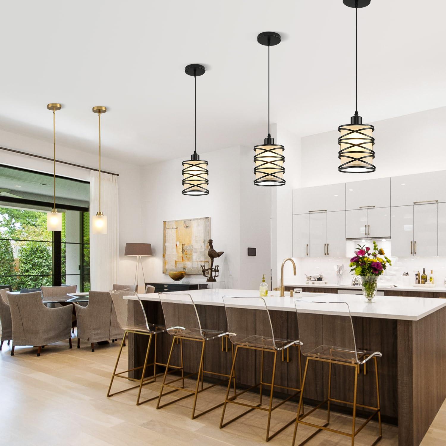 2 Pack Pendant Light Kitchen Island Pendant Lighting, Hanging Light with Spiral Cage Frosted Glass Shade, Black Modern Indoor Hanging Lamp for Dining Room Kitchen Island