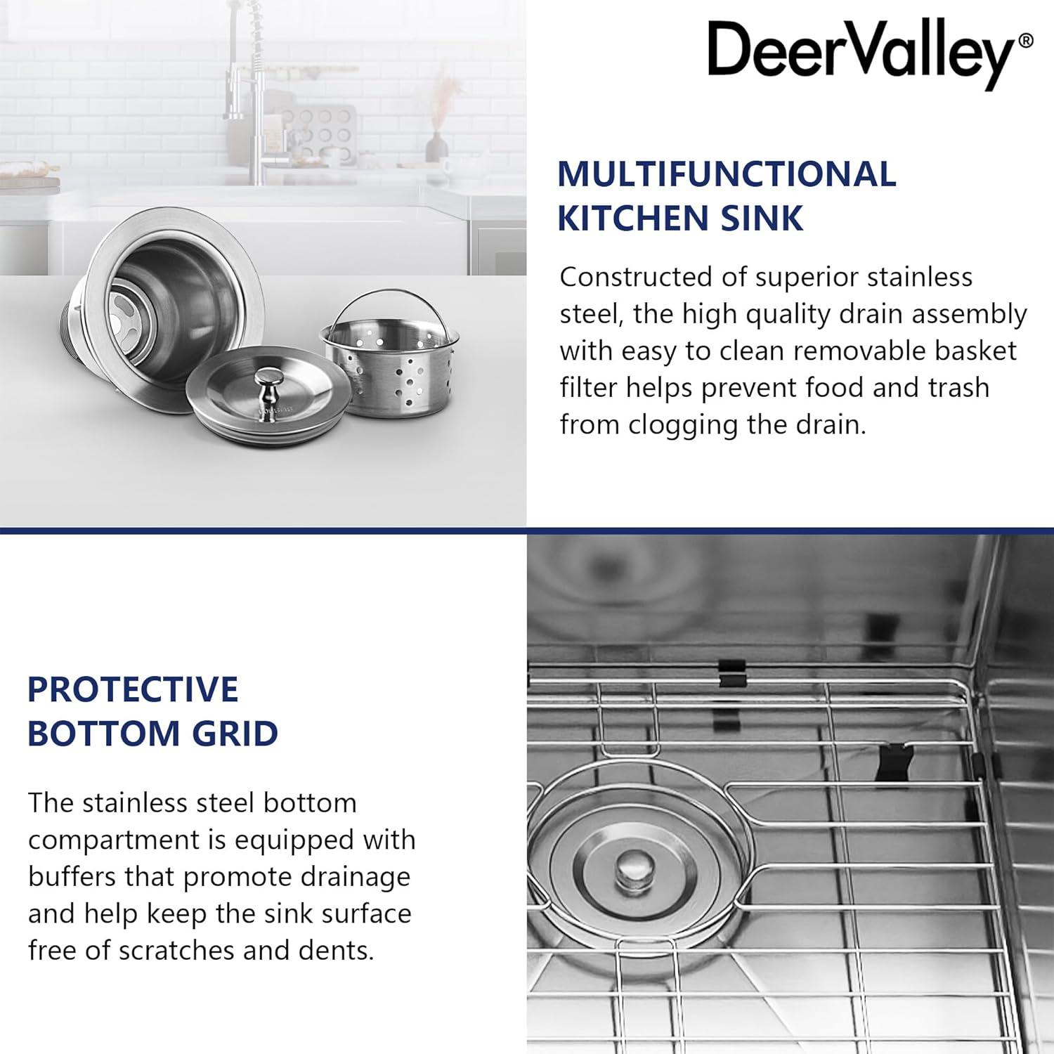 DeerValley 33'' L Undermount 50/50 Double Bowl Stainless Steel Kitchen Sink with Basket Strainers and Stainless Steel Grids
