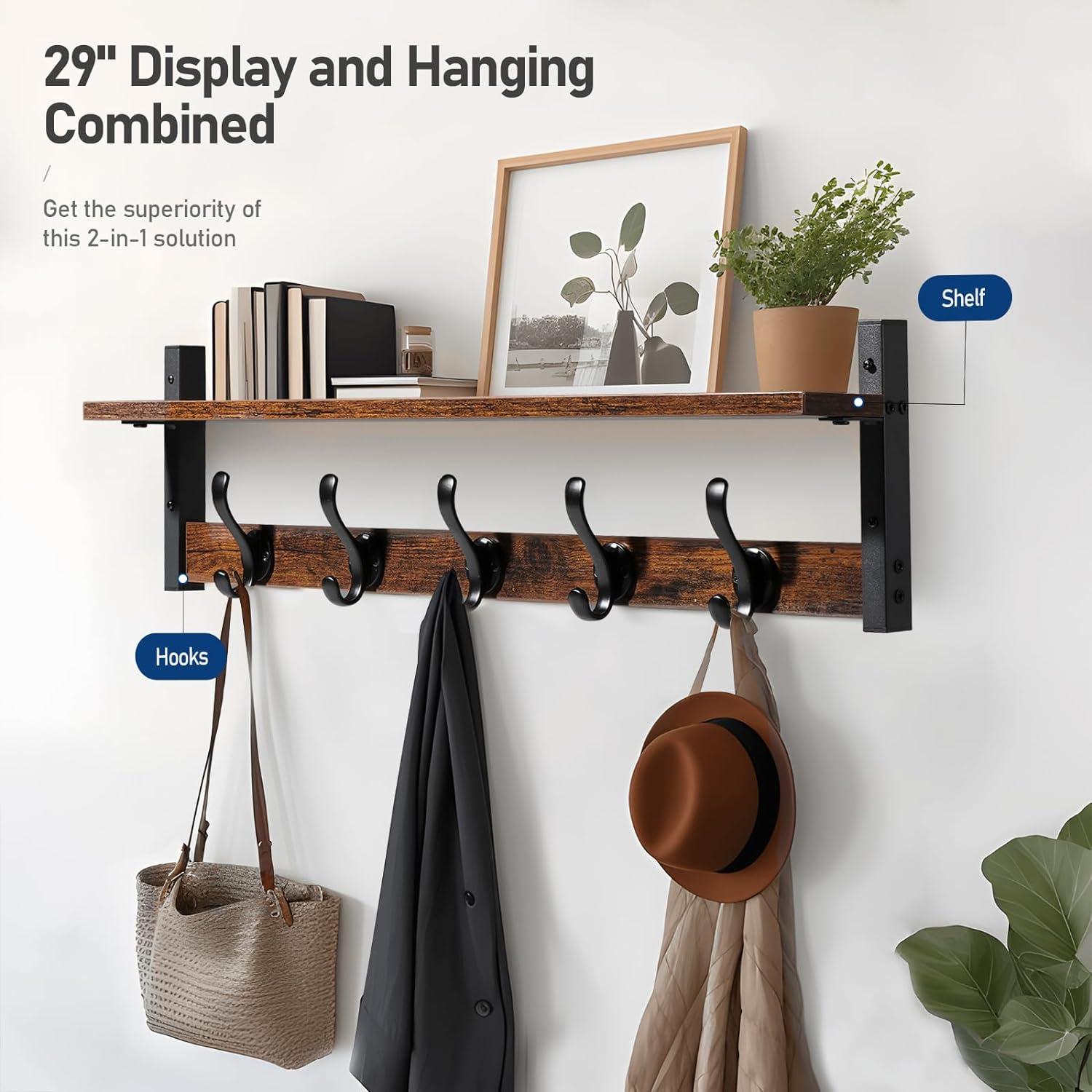 Rustic Brown and Black Wall Mounted Coat Rack with Shelf and 5 Hooks