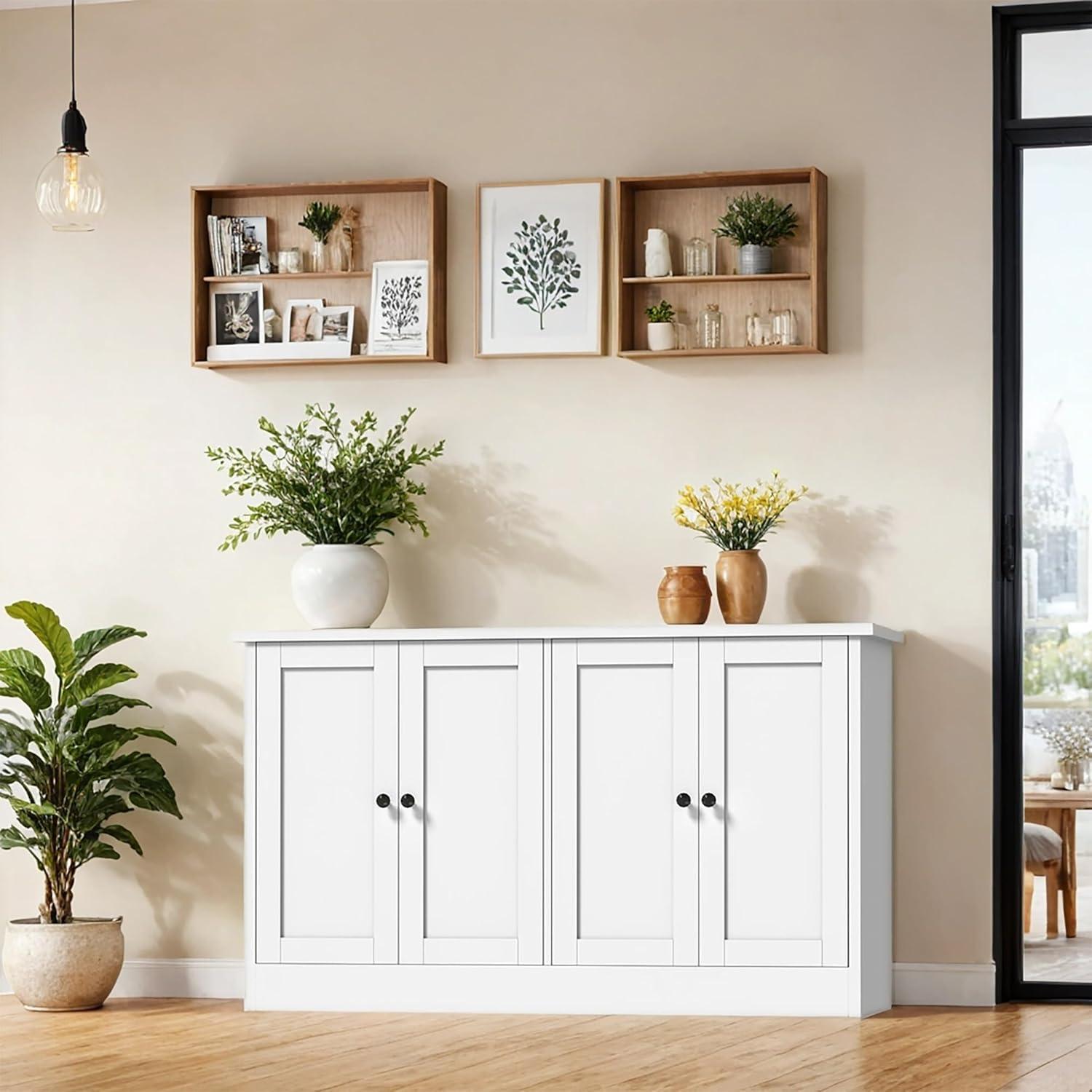 White Modern Buffet Storage Cabinet with 4 Doors and Drawers