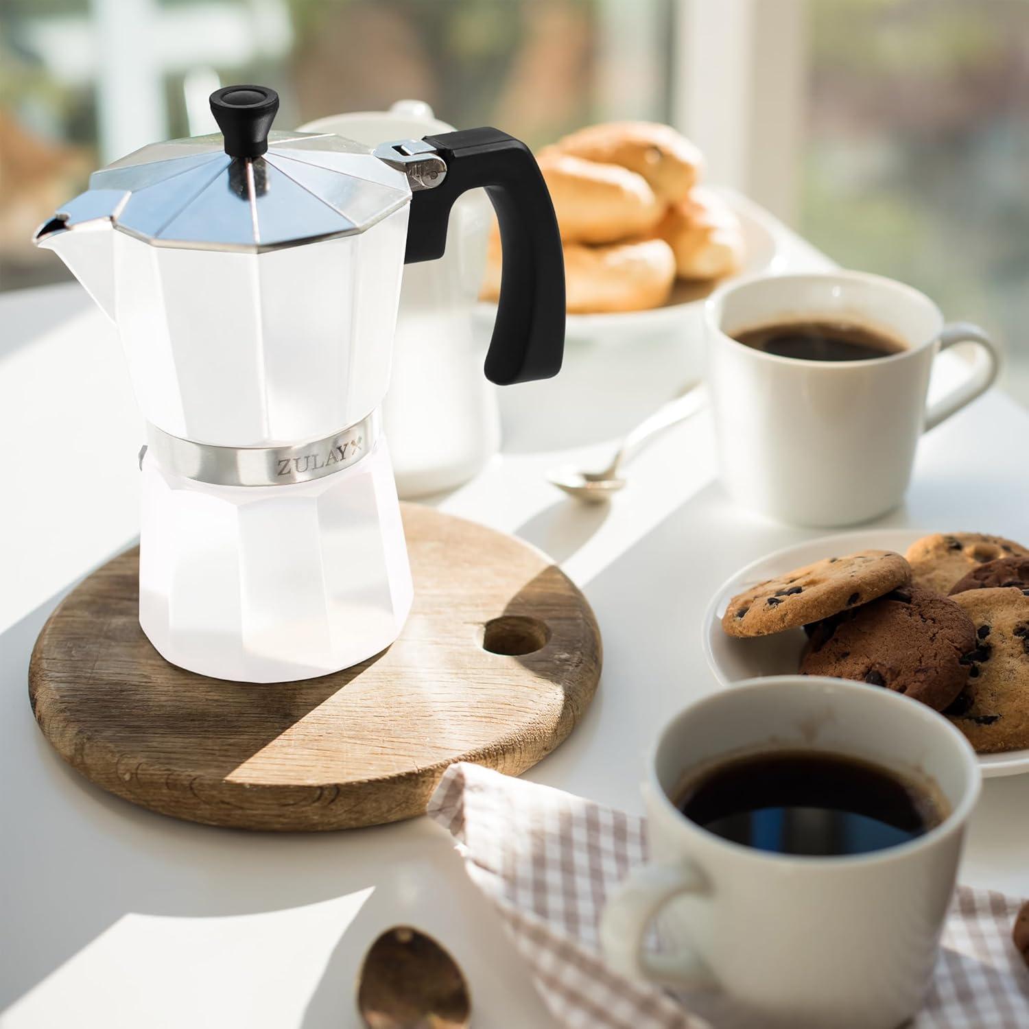 Zulay Moka Pot Espresso Stovetop Coffee Maker - Leak-Proof, Stainless Steel, Easy to Clean, Heat Resistant Handle & Knob - for Authentic Cuban & Italian Style Espresso - Makes 6 Espresso Cups - White