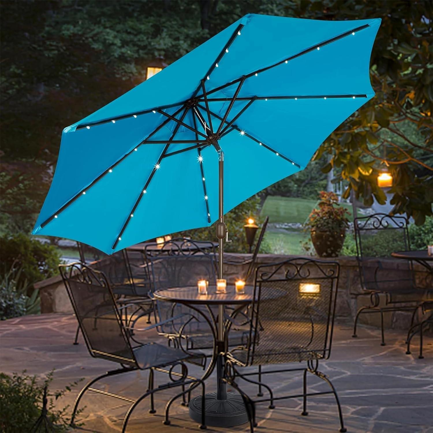 Light Blue 9 ft LED Lighted Market Beach Umbrella with Black Aluminum Pole