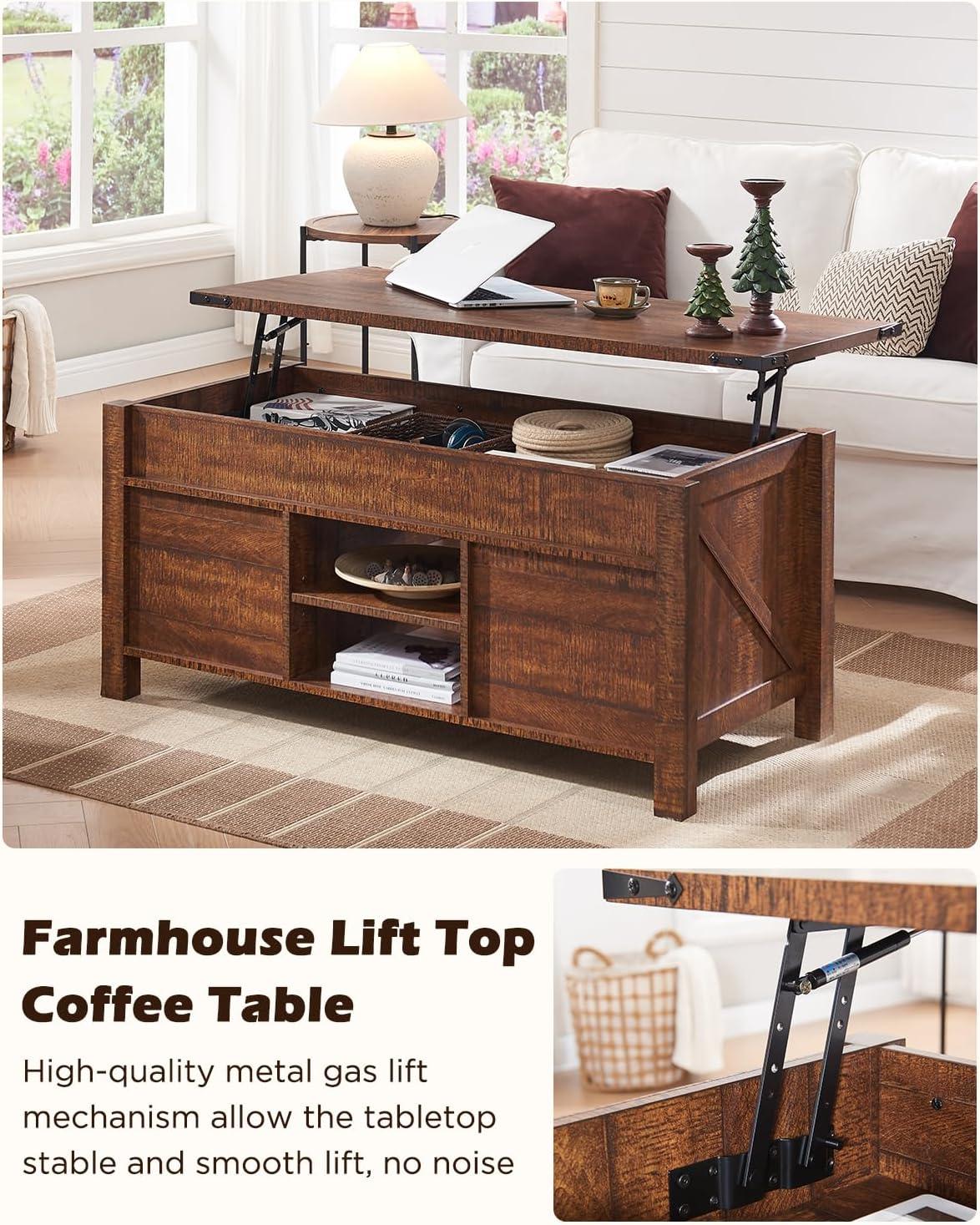 OKD Farmhouse Sturdy Coffee Table with Sliding Barn Doors and Storage Shelves for Living Room, Den, Family Room, or Office, Reclaimed Barnwood
