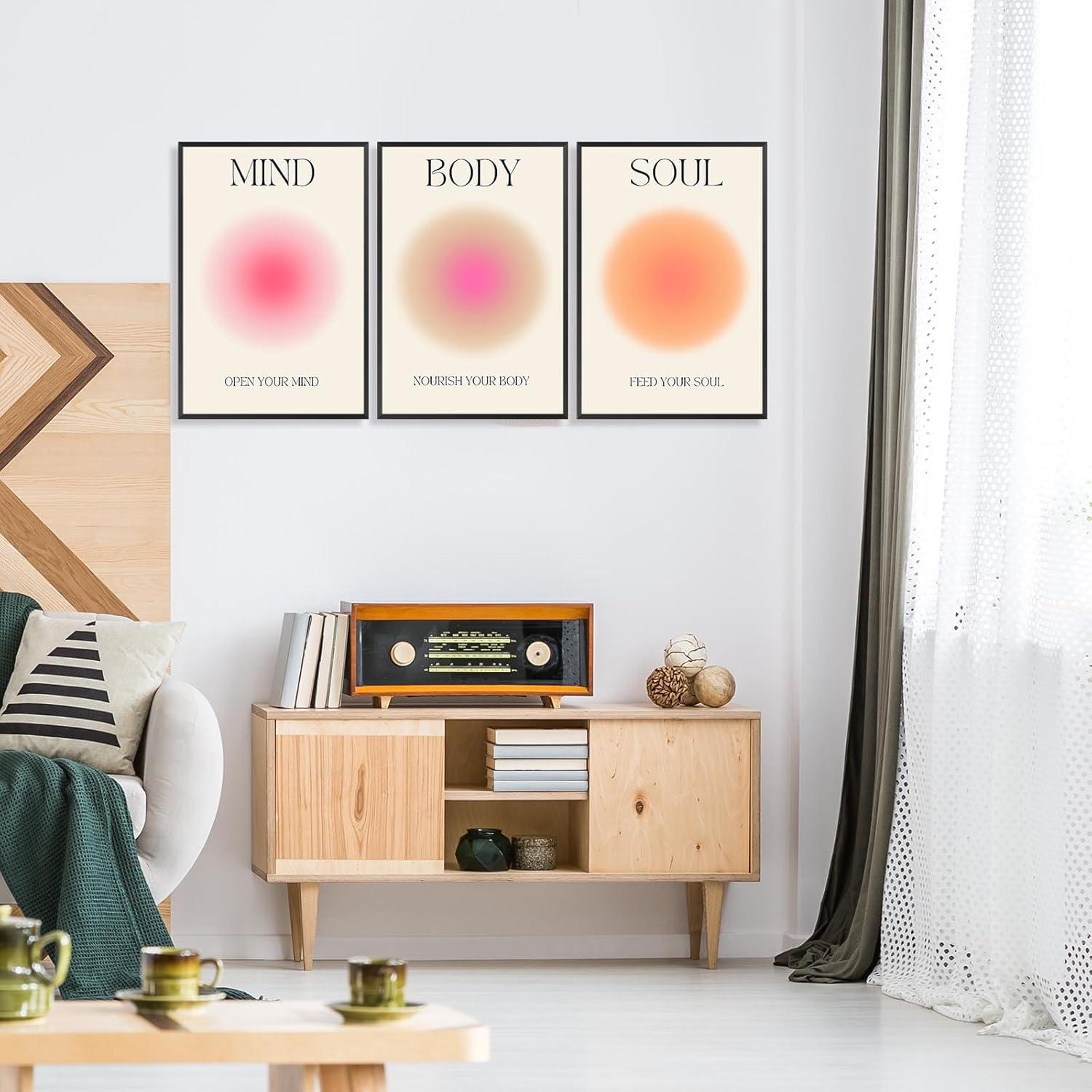 Asdg12s-Positive Aura Posters for Room Aesthetic 3 Piece Colorful Aura Grainy Gradient Canvas Wall Art Spiritual Soul Body Mind Quote Print Painting Danish Pastel Home Wall Decor for Bedroom