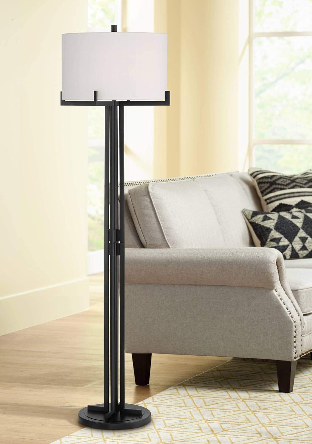 Madrid Luxe 64" Matte Black Metal Floor Lamp with White Linen Shade