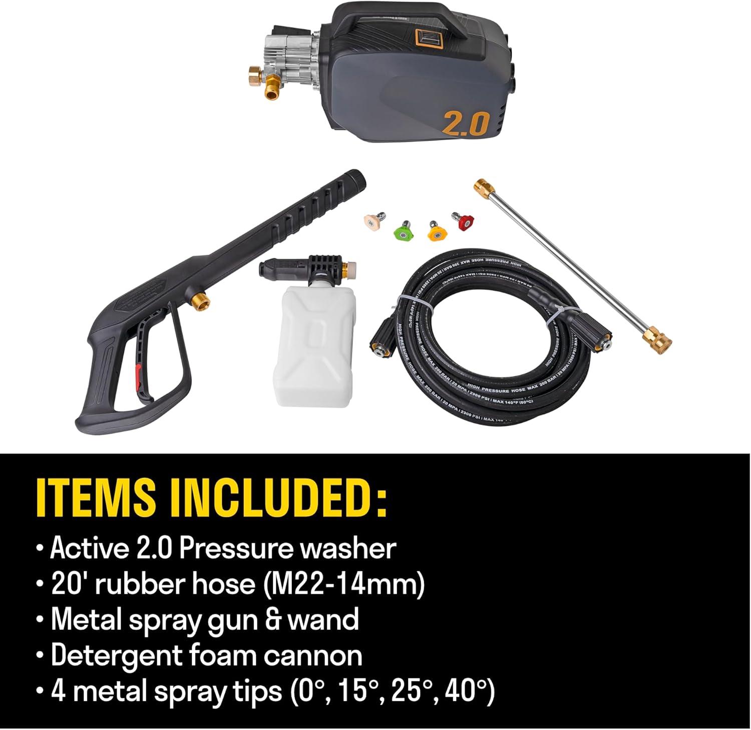 ACTIVE 2.0 Electric Pressure Washer - 2.0 GPM Flow and 1800 PSI Peak Pressure, Pressure washers for Power Wash, Power Washers Electric Powered, Wall Mount Pressure Washer, Hidrolavadora Electrica
