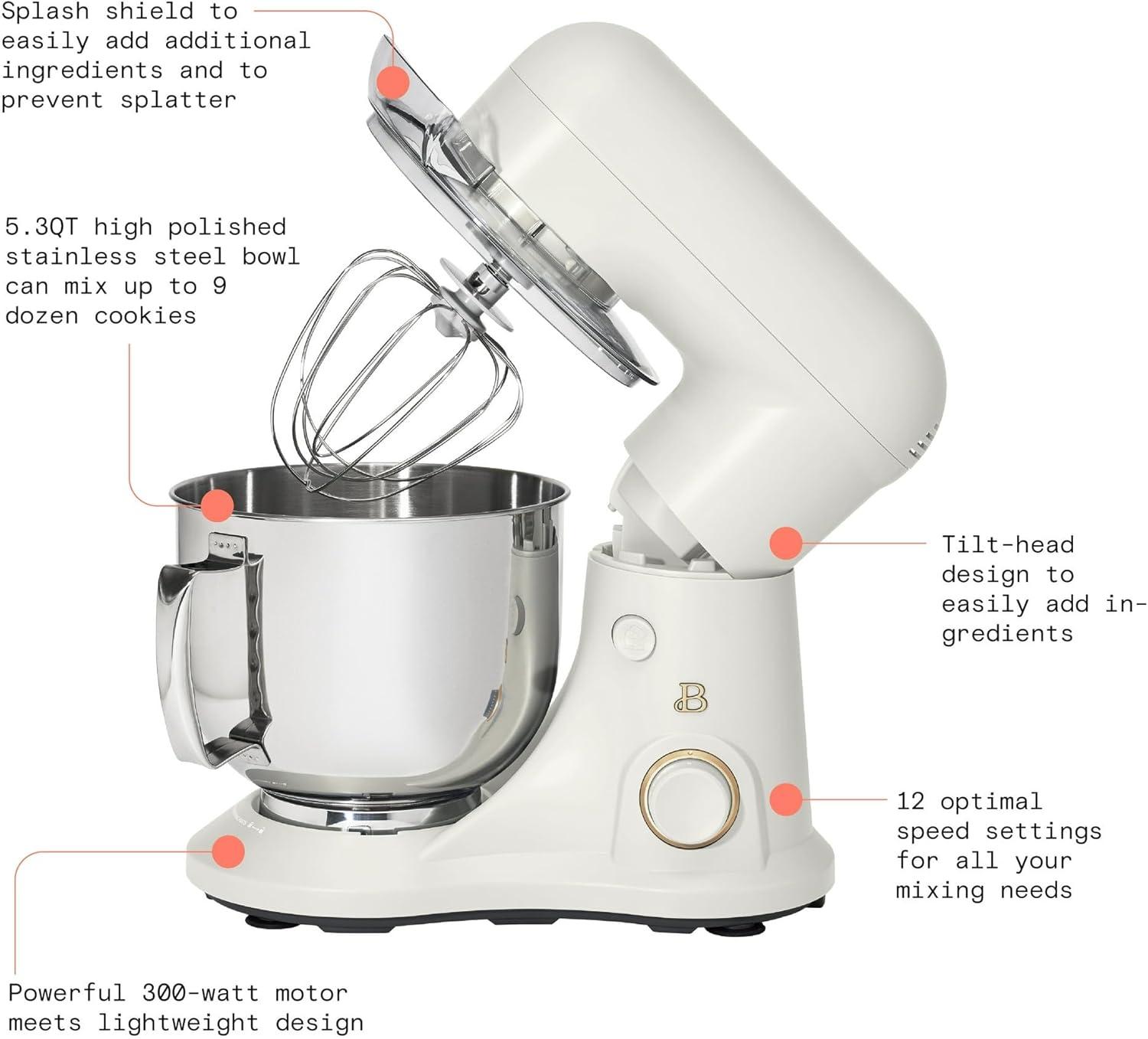 Beautiful 5.3 Qt Stand Mixer, White Icing with Flat Beater, Dough Hook, Balloon Whisk