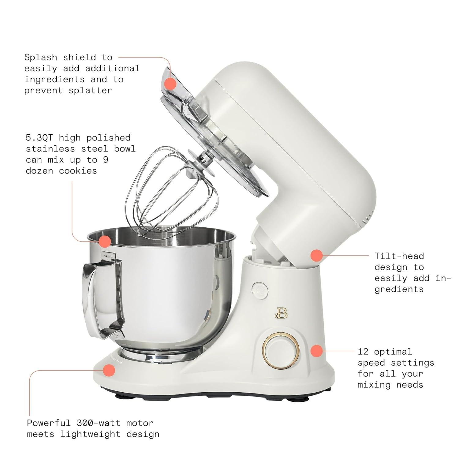 Beautiful 5.3 Qt Stand Mixer, White Icing with Flat Beater, Dough Hook, Balloon Whisk