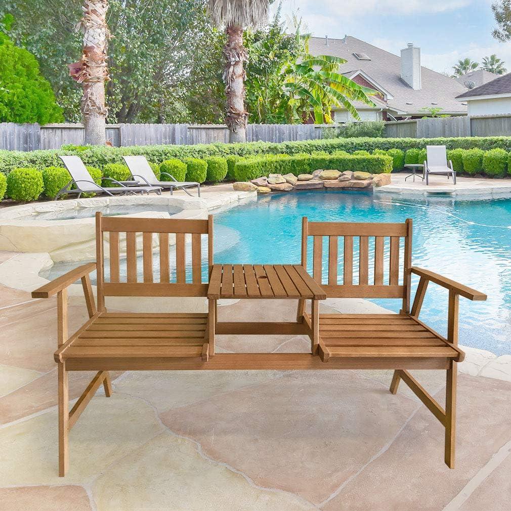 Natural Acacia Wood Outdoor Bench with Center Table