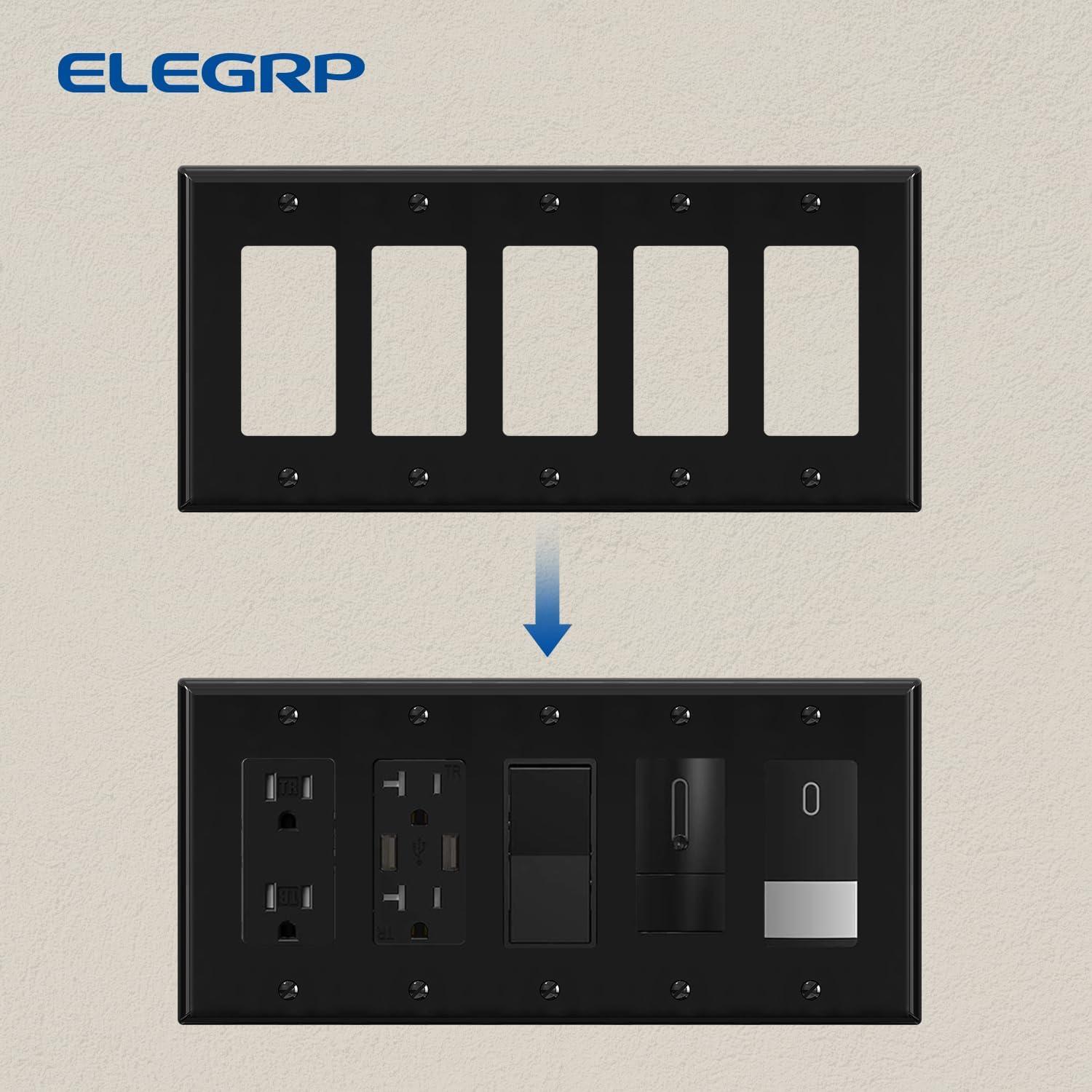 ENERLITES Decorator Light Switch or Receptacle Outlet Wall Plate, Gloss Finish, Size 5-Gang 4.50" x 10.03", Polycarbonate Thermoplastic, 8835-BK, Black