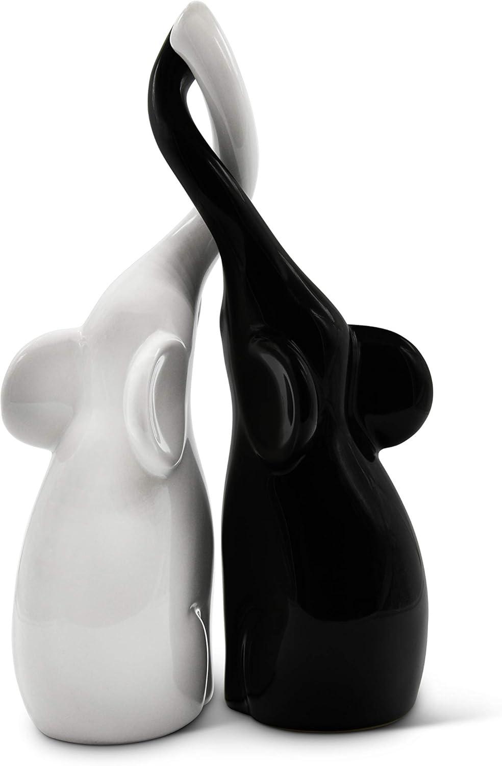 Loving Pair of Elephants in Black and White - Modern Ceramic Sculpture as a Set - Decoration Figure 10.2" high Ornament - Elephant Figurine