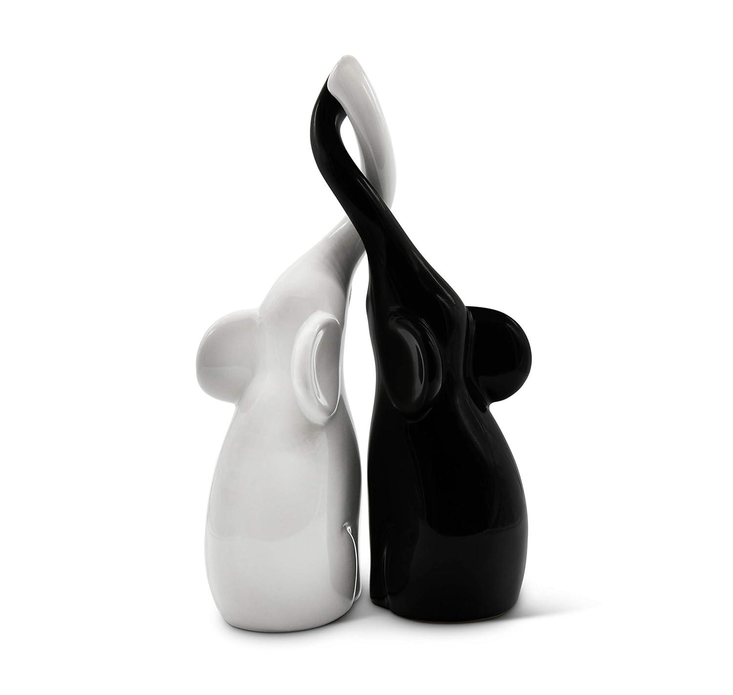 Loving Pair of Elephants in Black and White - Modern Ceramic Sculpture as a Set - Decoration Figure 10.2" high Ornament - Elephant Figurine