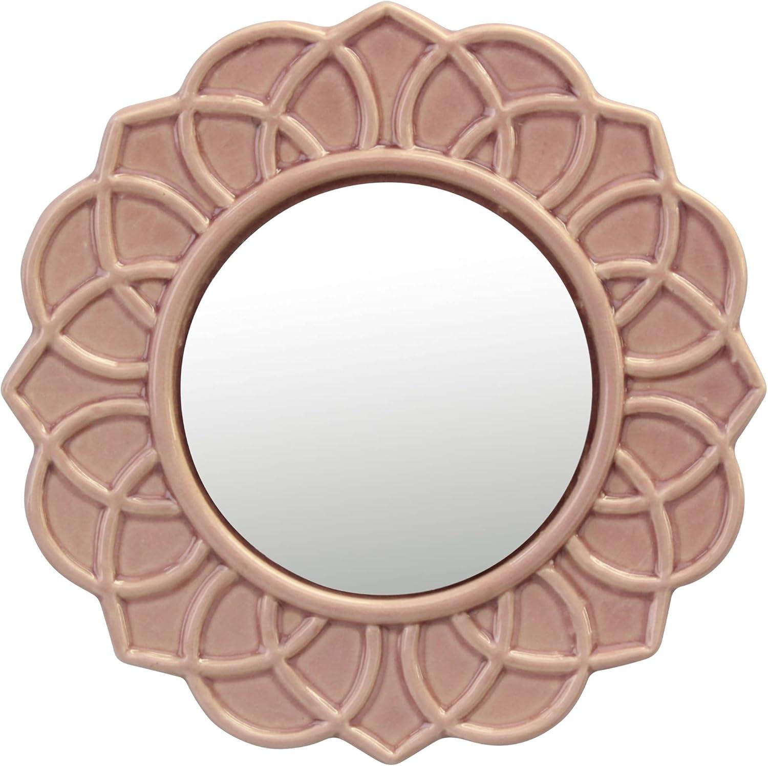 Stonebriar Collection 9" Round Floral Ceramic Wall Hanging Mirror Pink : Modern Decorative