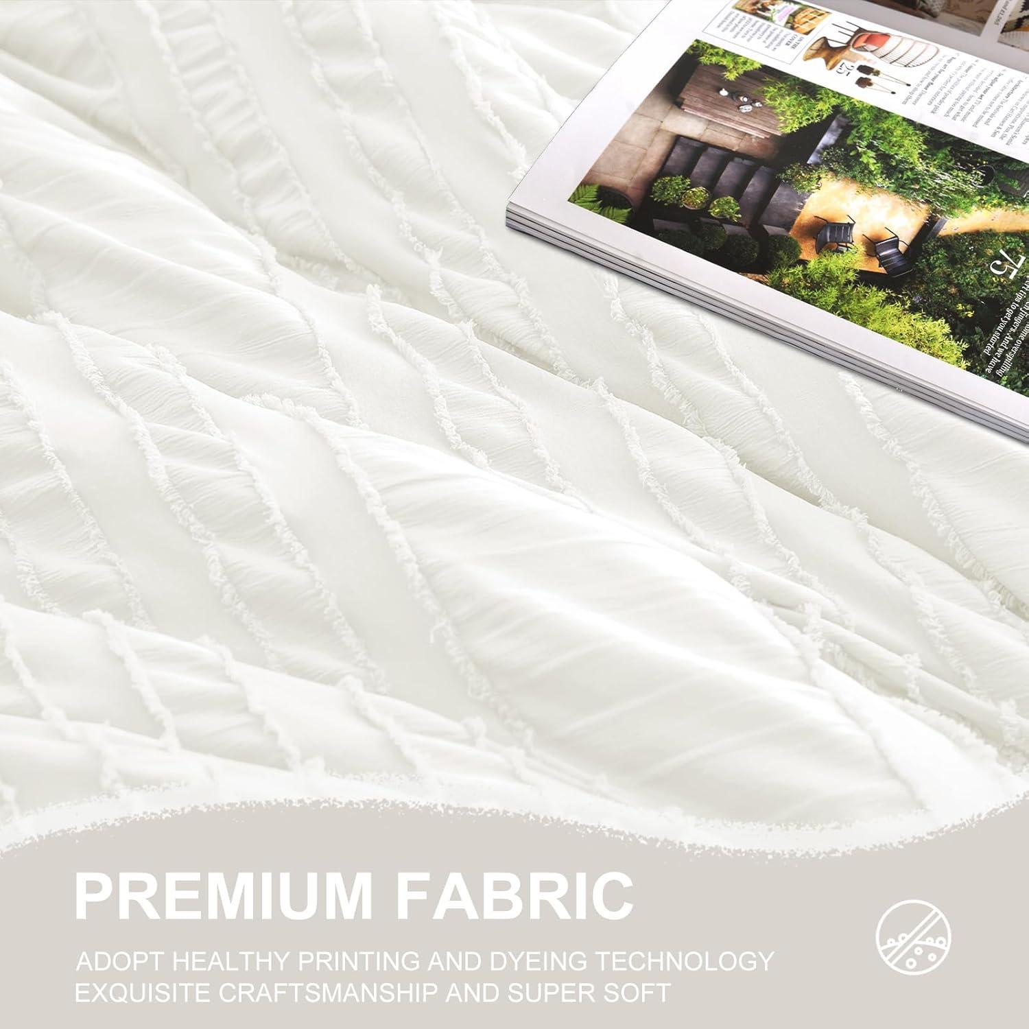 Queen Comforter Set 7 Pieces, White Tufted Bed in a Bag with Comforter and Sheets, All Season Boho Bedding Sets with 1 Comforter, 2 Pillow Shams, 2 Pillowcases, 1 Flat Sheet, 1 Fitted Sheet