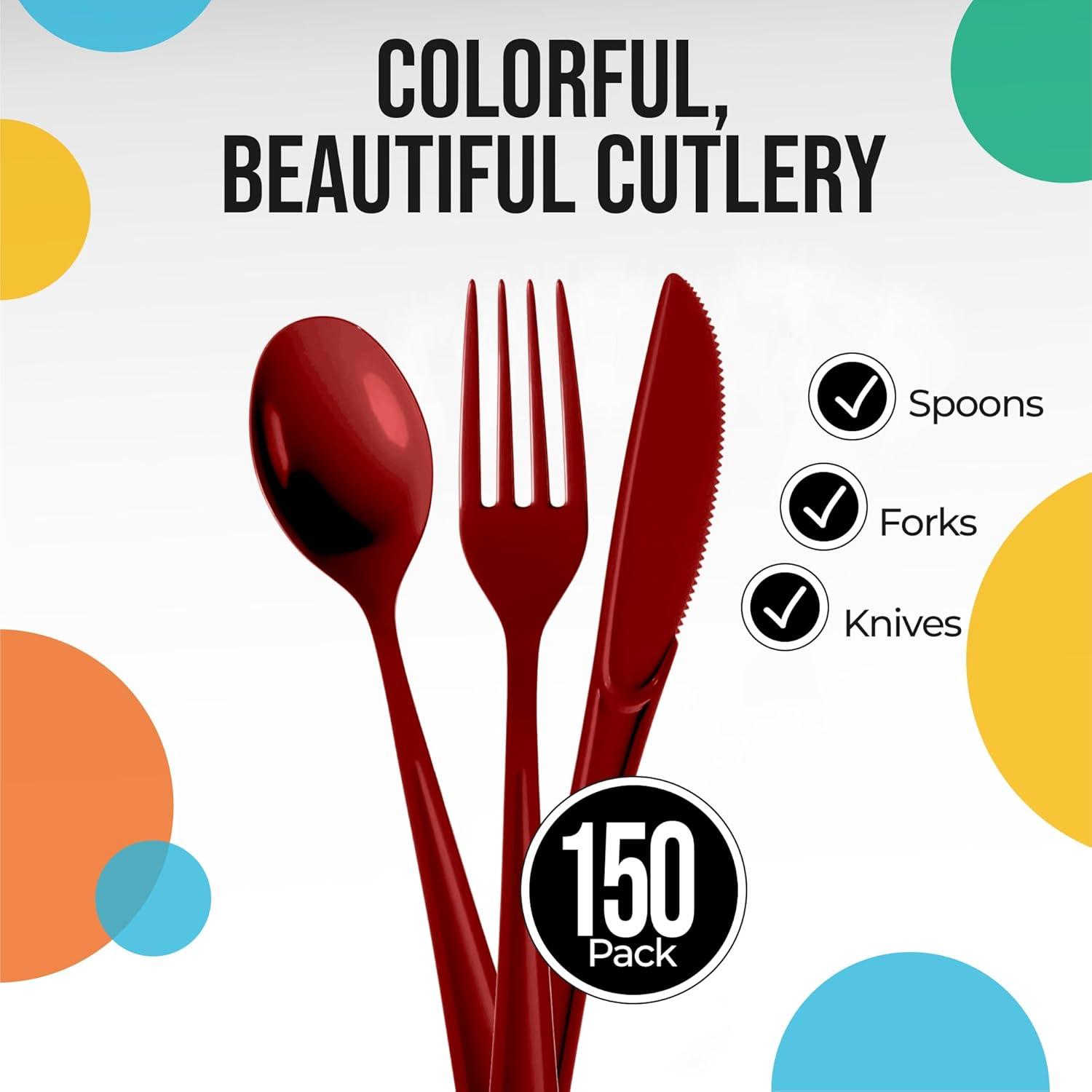 Exquisite Burgundy Plastic Utensil Cutlery Set Forks Spoons Knives- 150 Pack