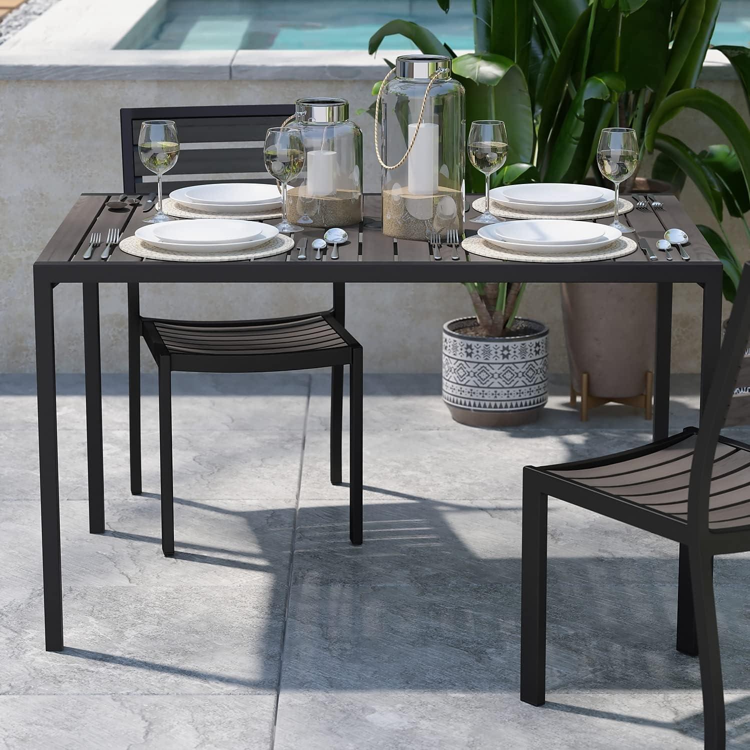 Lark 48" Rectangular Steel and Gray Faux Teak Outdoor Dining Table