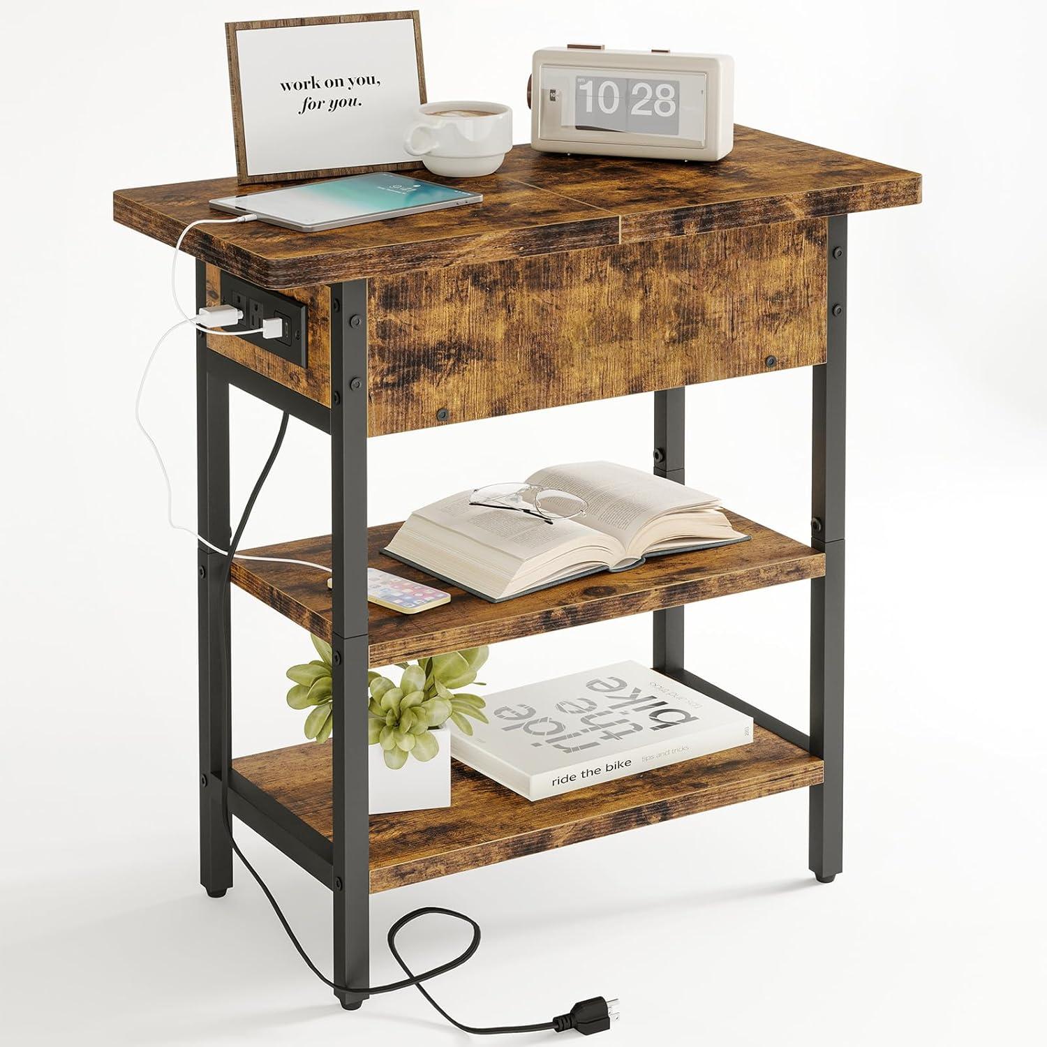 Bedroom table with USB charging port, three-layer storage shelf, and power socket-brown