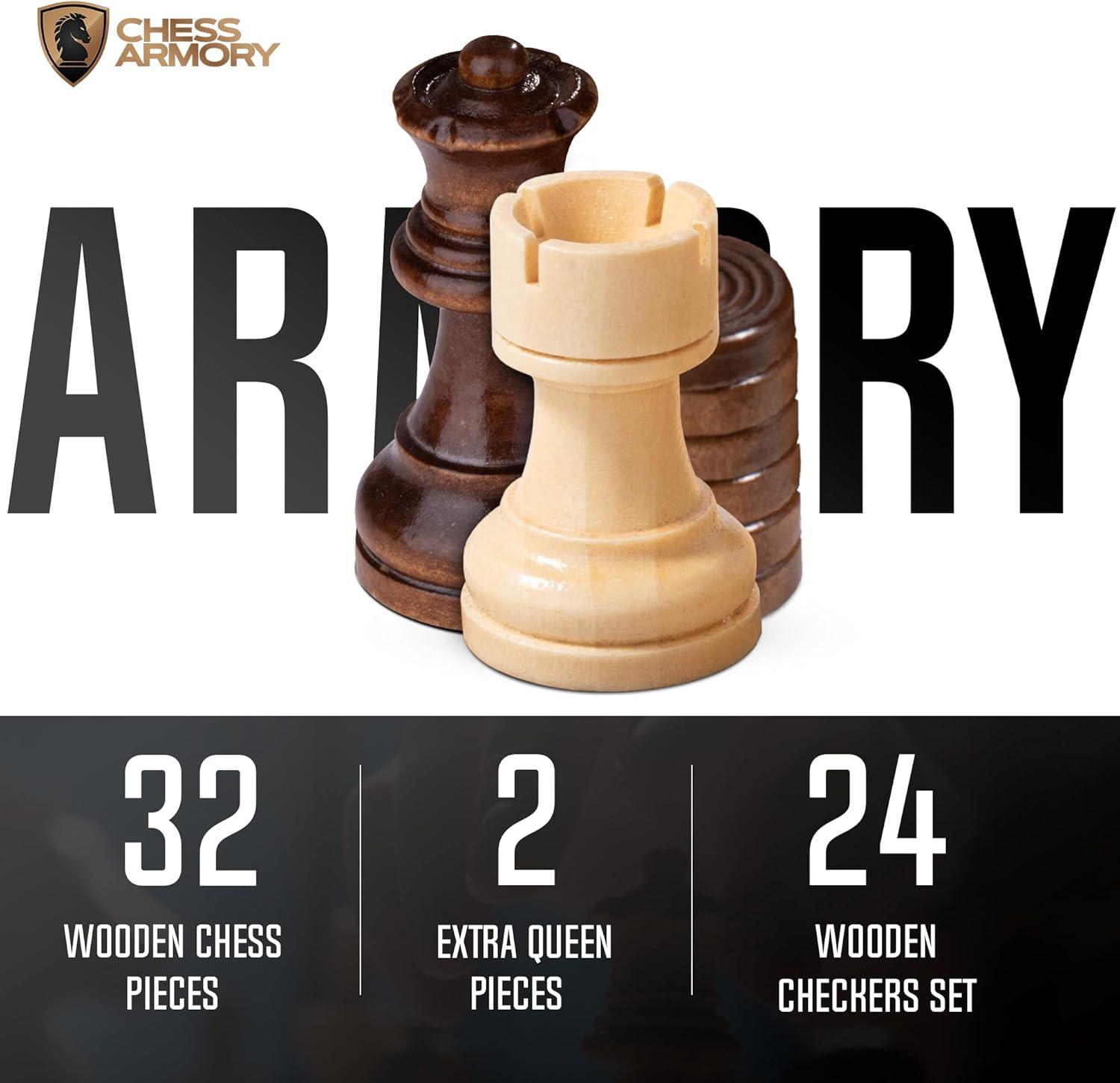 Chess Armory Premium Checkers and Chess Set - Wooden Board Game with a Portable Wood Case and Secure Storage for Pieces, Set for Kids and Adults (Beech Wood)