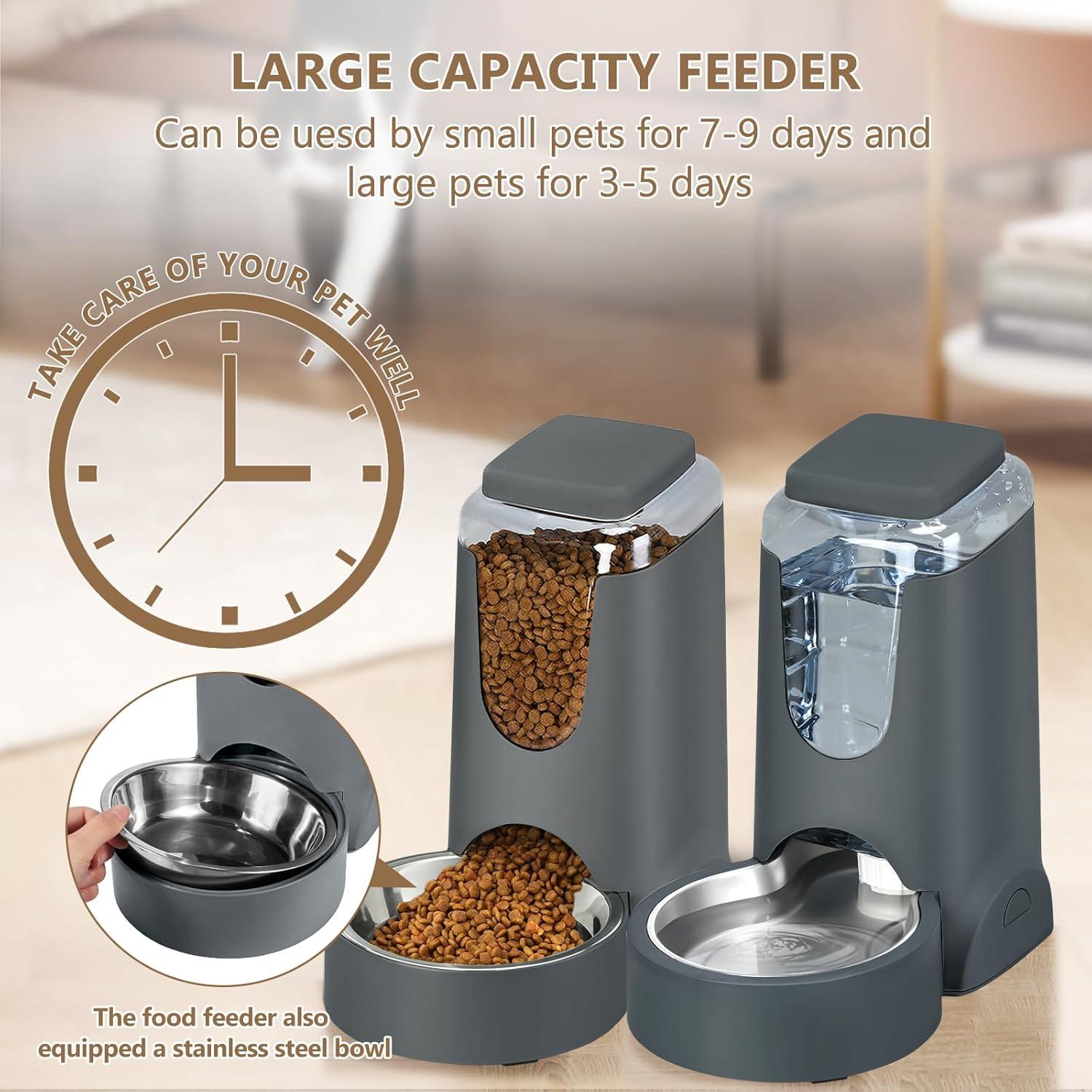 Automatic Gray Pet Feeder and Water Dispenser with Stainless Steel Bowls