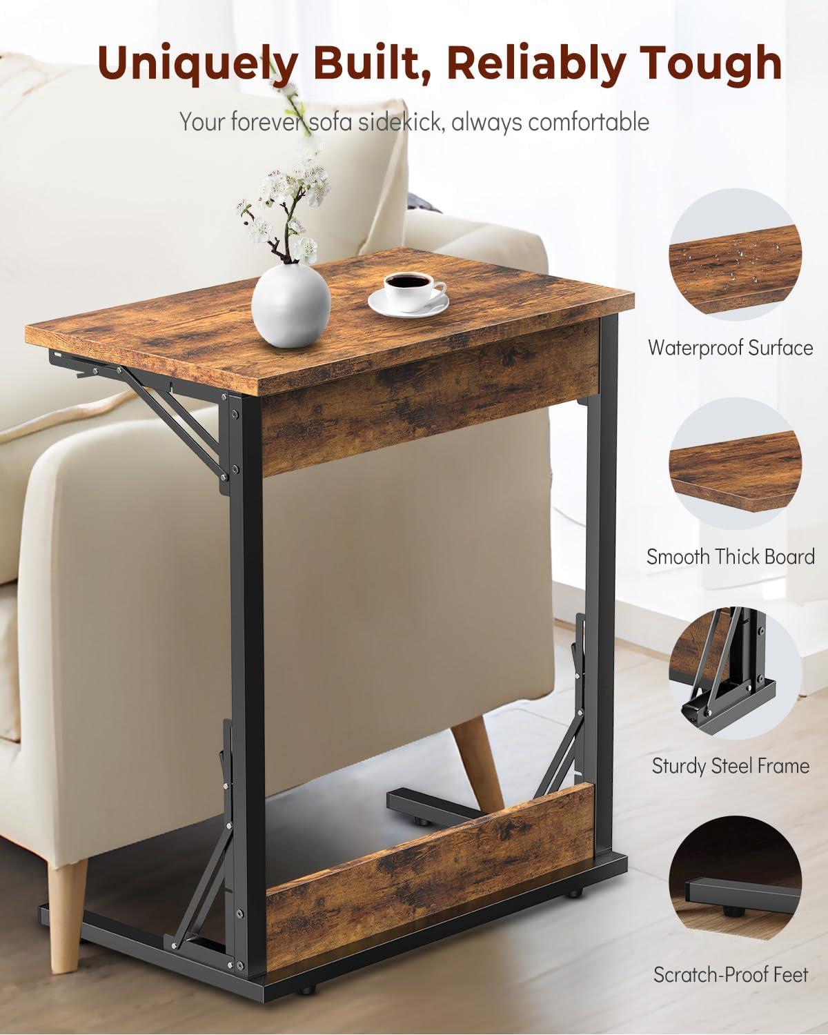 Folding TV Tray Table, 24" Wide C-Shaped End Table for Couches, Small Sofa-Side Laptop Desk with Metal Frame for Living Room, Bedroom, Rustic Brown
